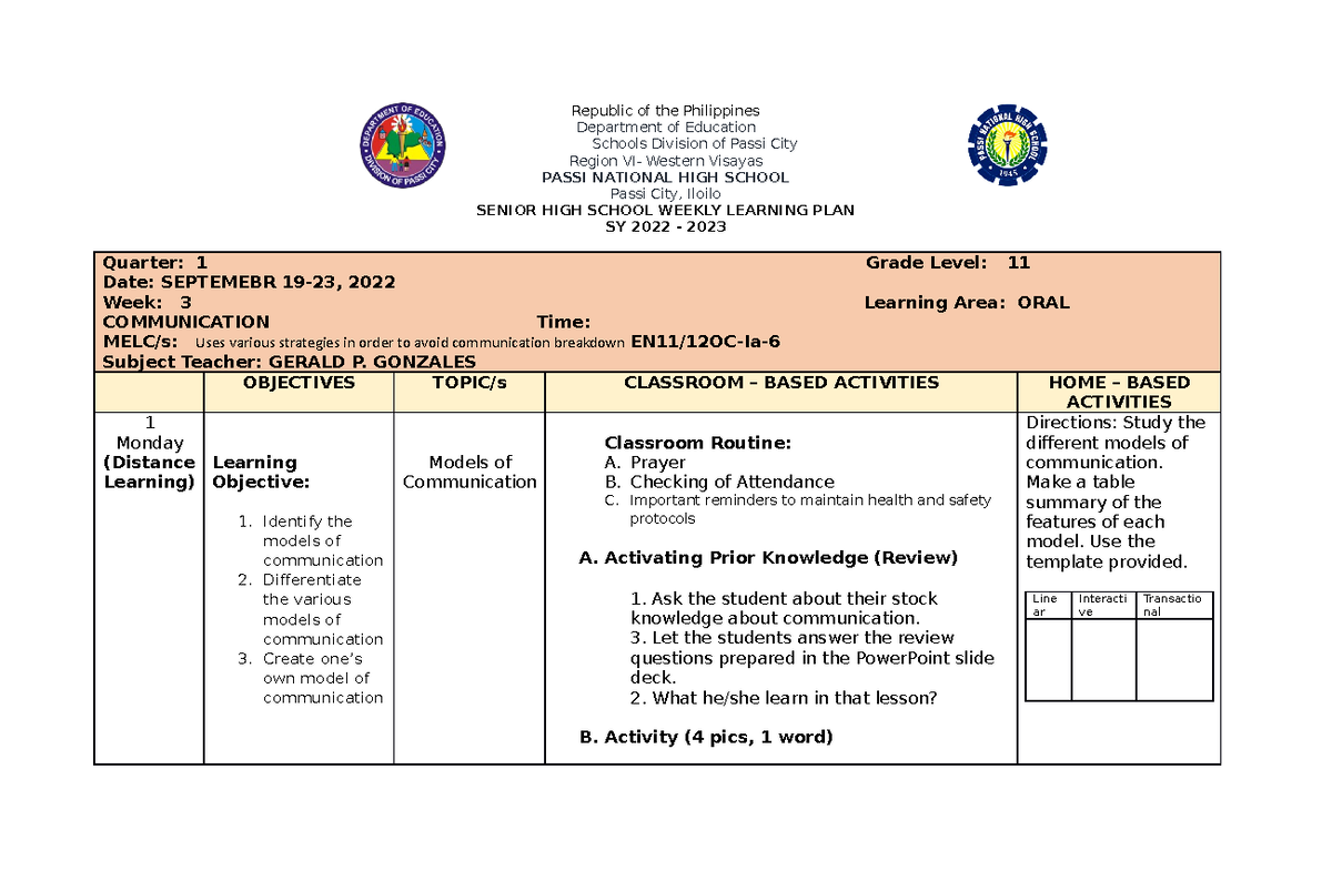 WLP F2F ORAL COM Q1W3 - Learning materials for oral communication ...