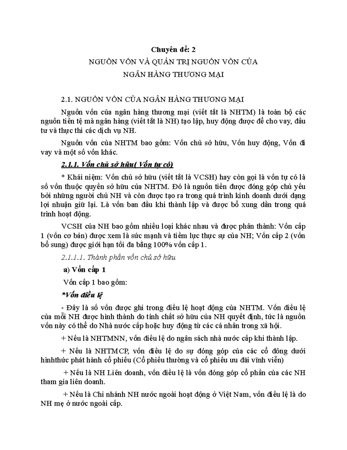 Bai giang Ch.de 2 - Quản Trị Ngân Hàng TM - Chuyên đề: 2 NGUỒN VỐN VÀ QUẢN TRỊ NGUỒN VỐN CỦA NGÂN - Studocu