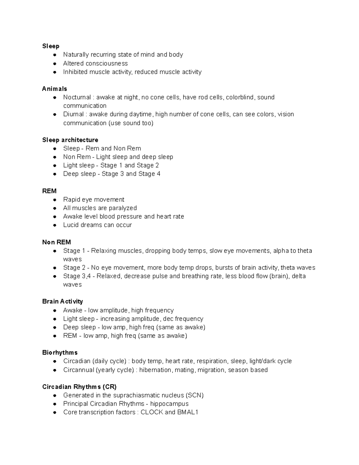 BIO 334 exam 4 notes - Sleep Naturally recurring state of mind and body ...