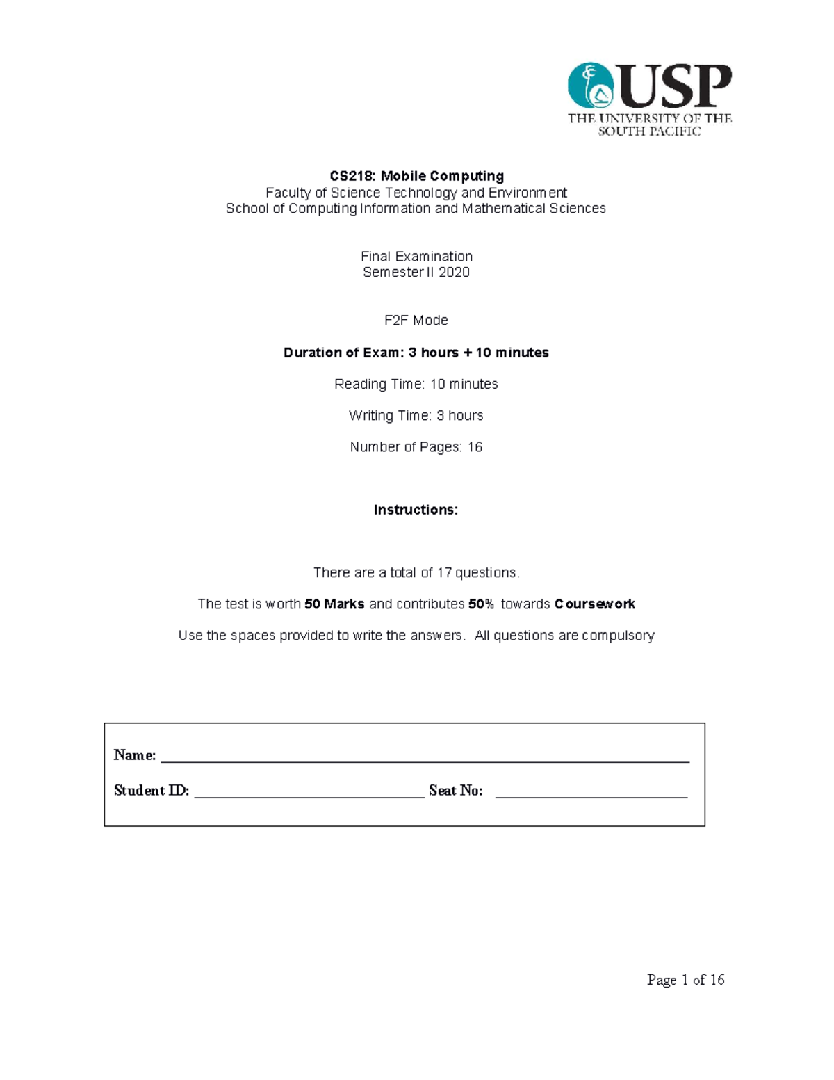 CS218 Exam - exam - CS218: Mobile Computing Faculty of Science ...