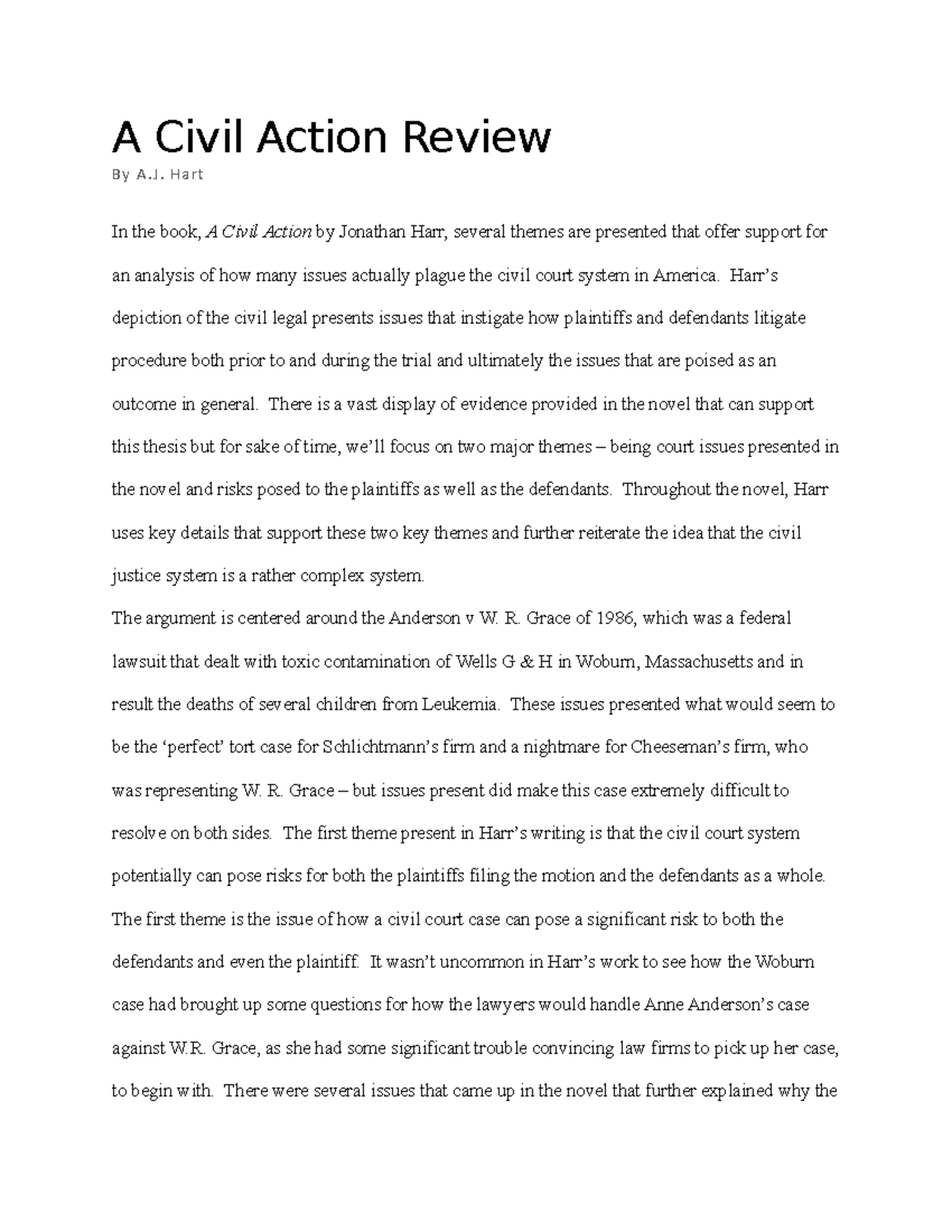 A Civil Action Review J. Hart In the book, A Civil