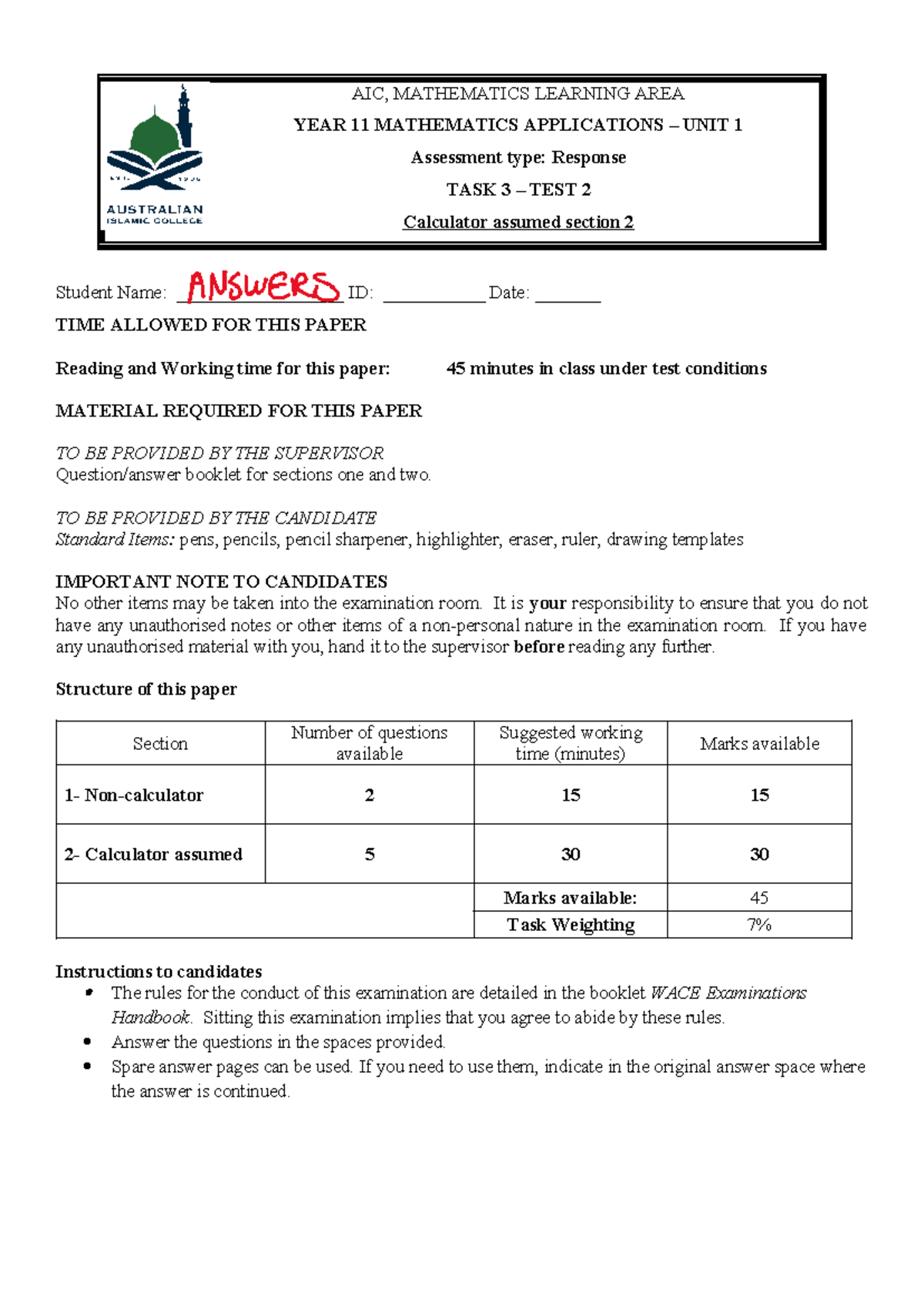 Test 2 Yr11 Applications Calc Marking Key Aic Mathematics Learning Area Year 11 Mathematics Test 2 Yr11 Applications Calc Marking Key Aic Mathematics Learning Area Year 11 Mathematics