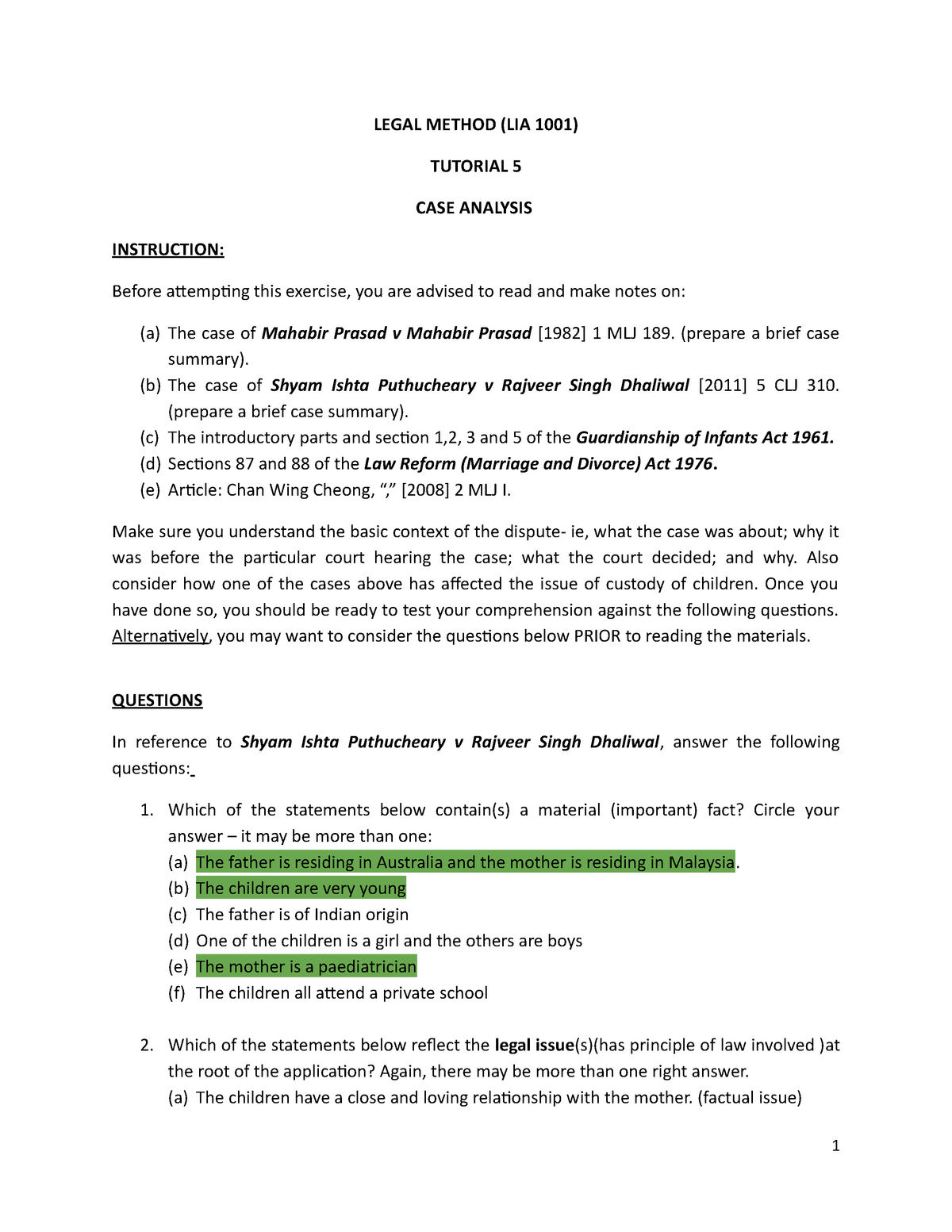 Tutorial 5 Case Analysis Legal Method Lia 1001 Tutorial 5 Case Analysis Instruction Before Studocu