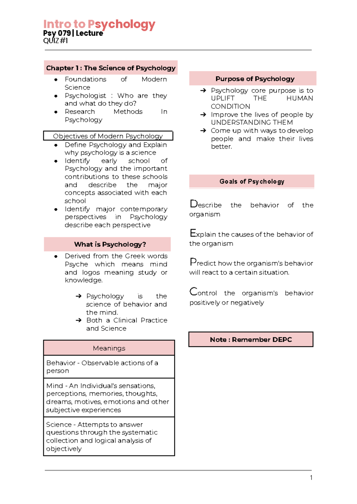 Intro to Psych Notes for Quiz - Intro to Psychology Psy 079 | Lecture ...