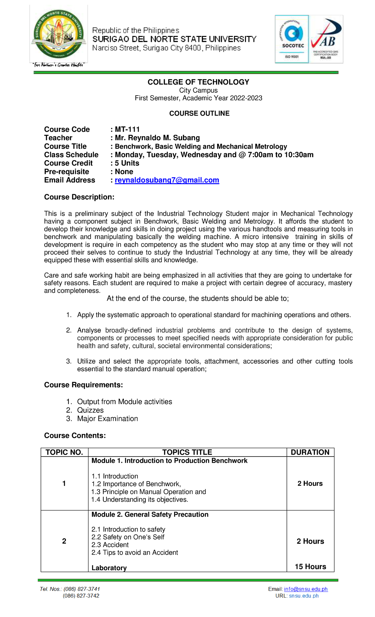 MT 111 Course Outline for Benchwork Basic Welding and Mechanical ...