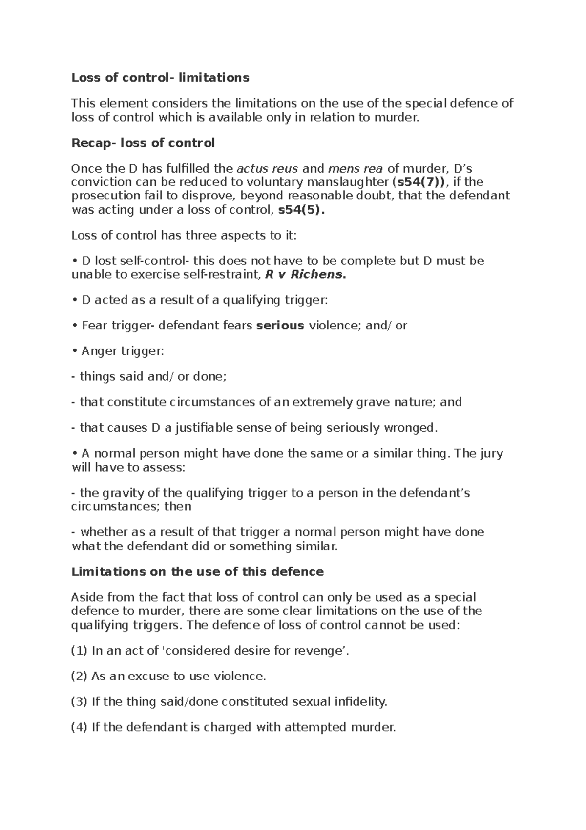3. Murder & Voluntary Manslaughter Loss of control Limitations