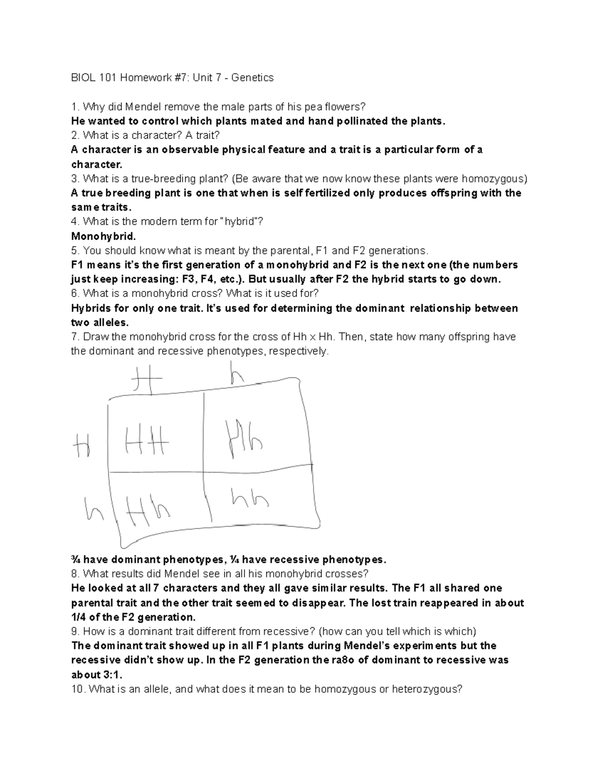 BIOL 101 Homework #7 Unit 7 - Genetics - BIOL 101 Homework #7: Unit 7 ...