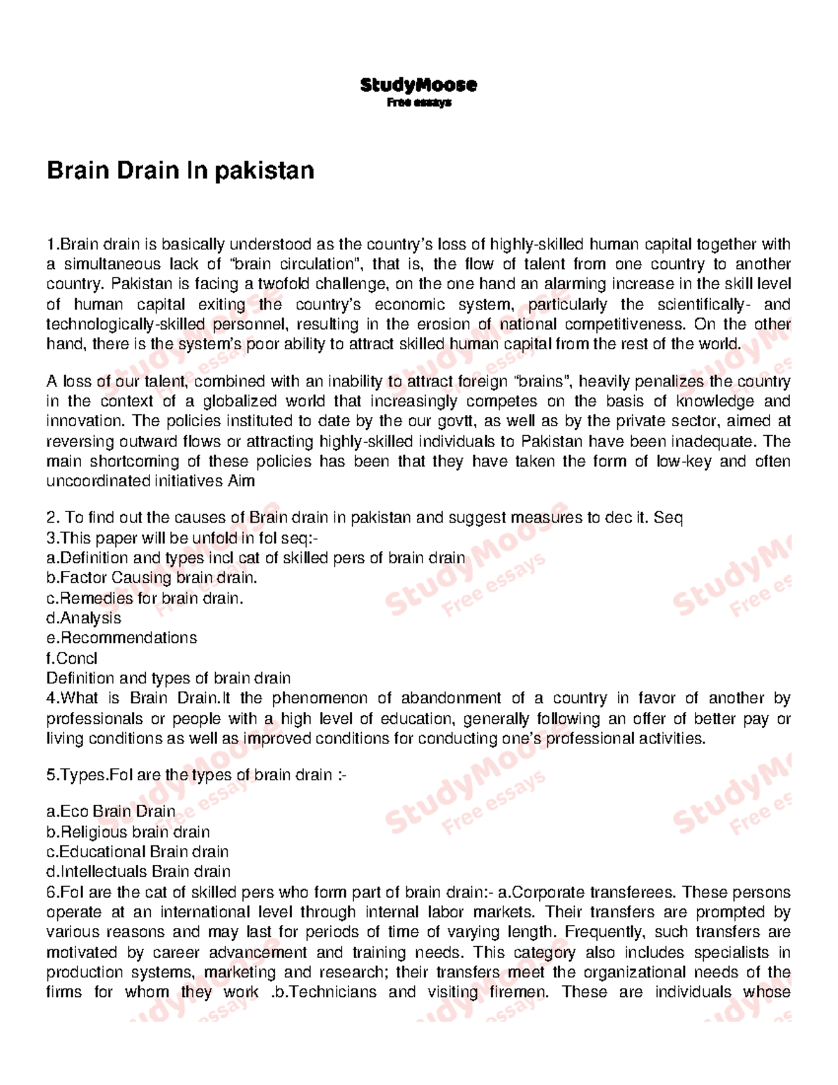 essay on brain drain in pakistan