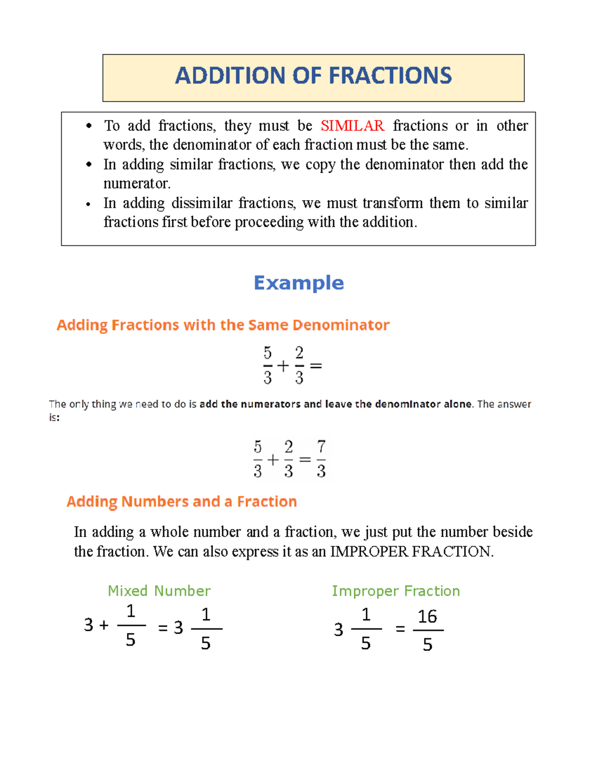 Addition of Fractions Basic Function - 1 5 1 5 1 5 16 ADDITION OF ...
