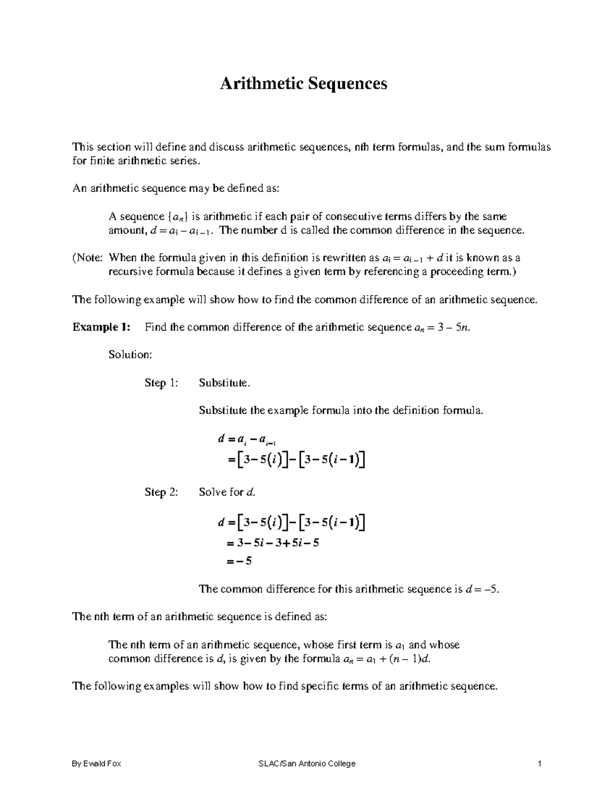 Math1414-arithmetic-sequences - Arithmetic Sequences This section will ...