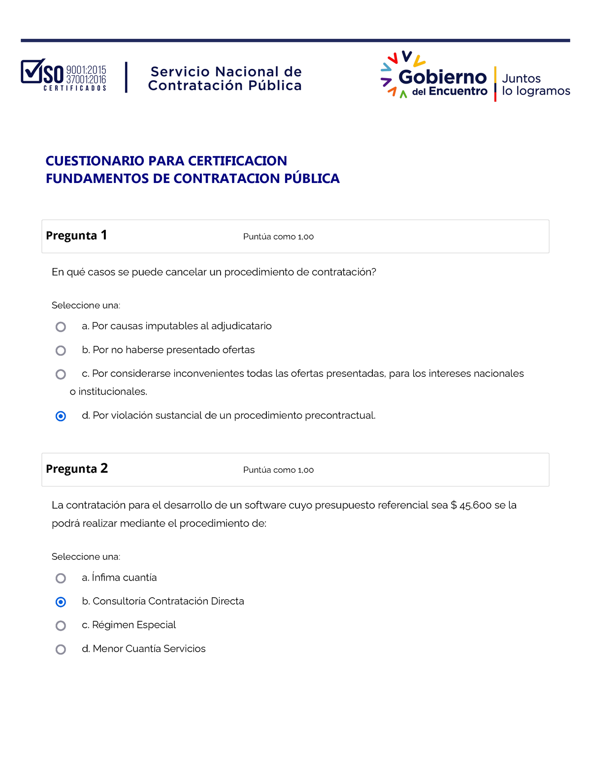 Cuestionario Sercop - En Qué Casos Se Puede Cancelar Un Procedimiento ...