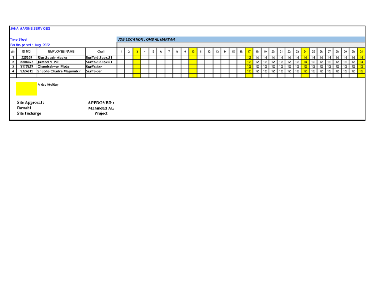 Jana timesheet - practice sheet - Time Sheet JOB LOCATION : QMS AL ...