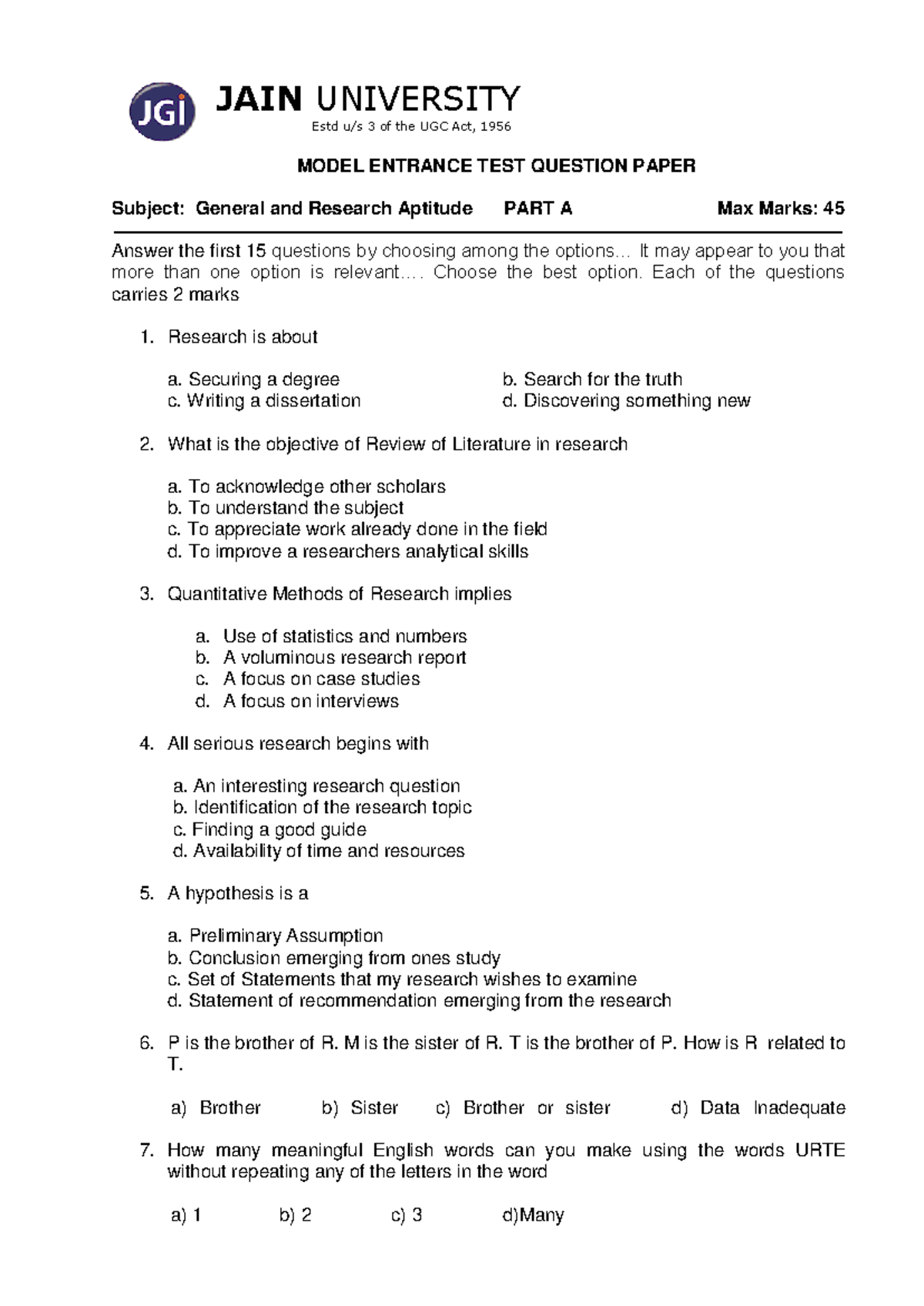 1556694858 Model Entrance Test Paper - JAIN UNIVERSITY Estd u/s 3 of ...