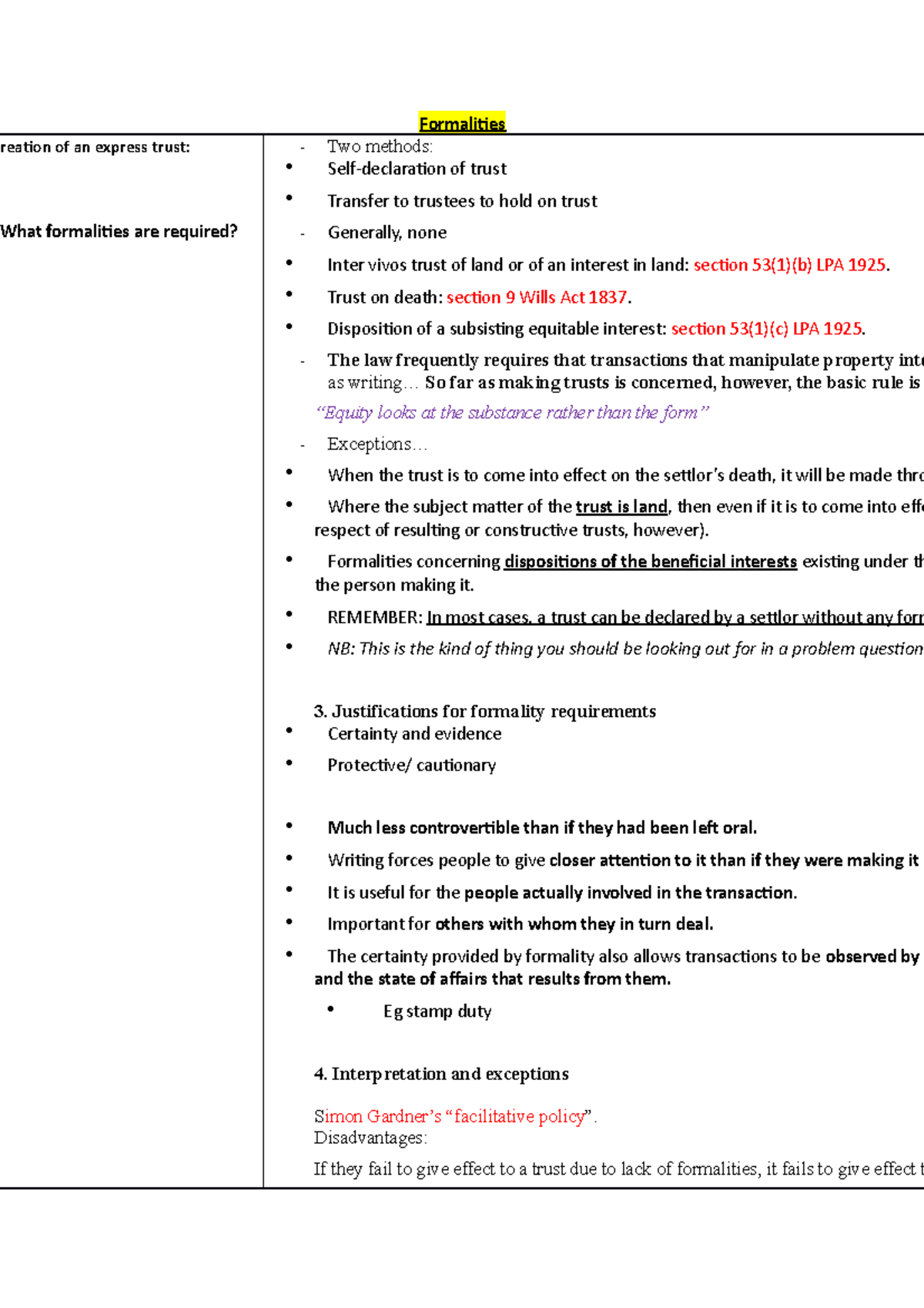 Formalities Junkyard notes - Formalities Creation of an express trust ...