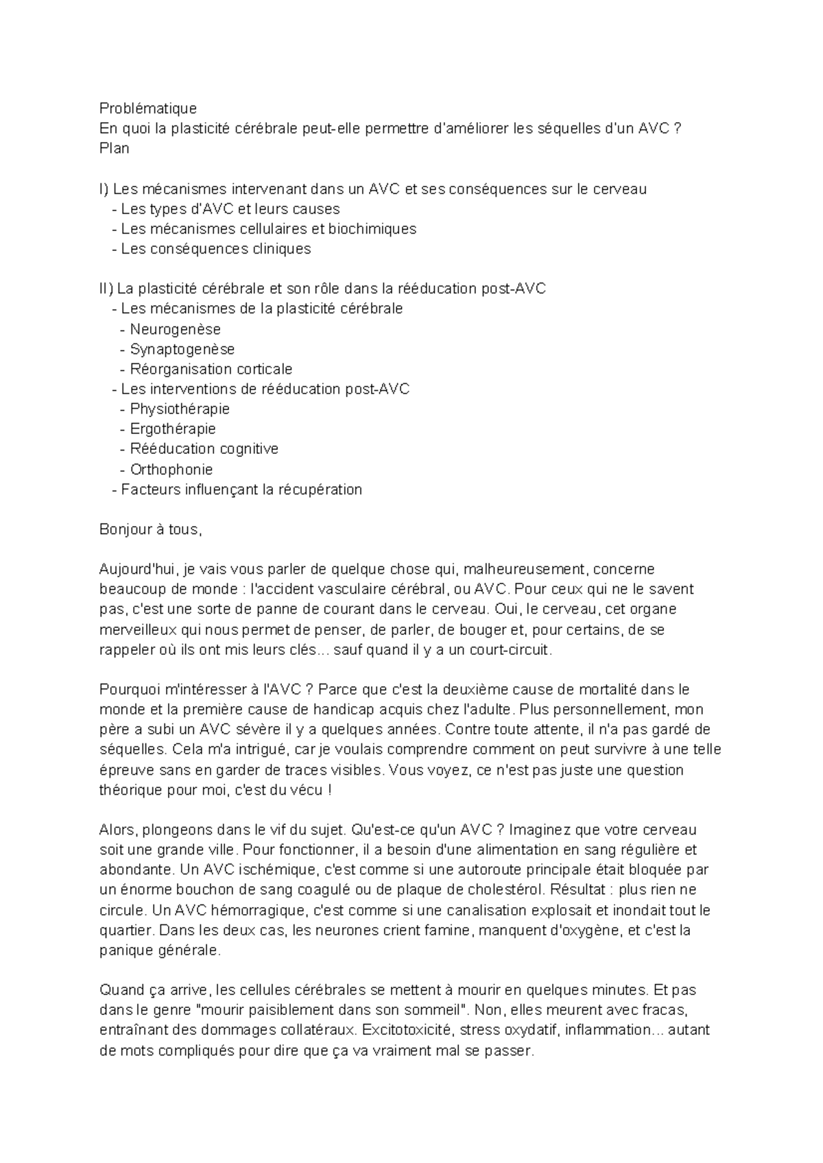 Grand Oral SVT ddddd Problématique En quoi la plasticité cérébrale peutelle permettre Studocu