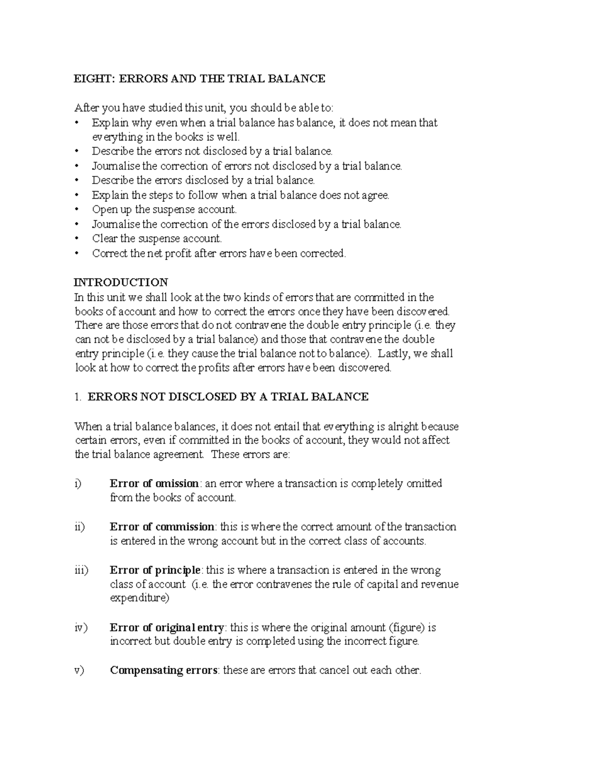 Correction of errors and suspence - EIGHT: ERRORS AND THE TRIAL BALANCE ...