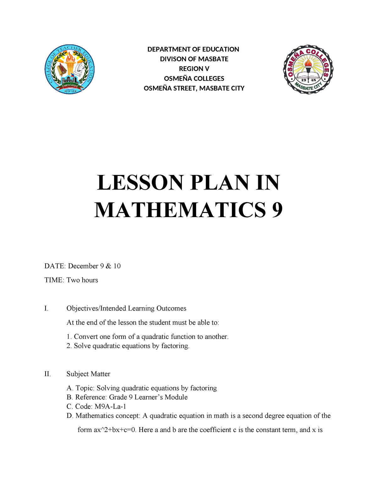 Lesson Plan in Mathematics - DEPARTMENT OF EDUCATION DIVISON OF MASBATE ...