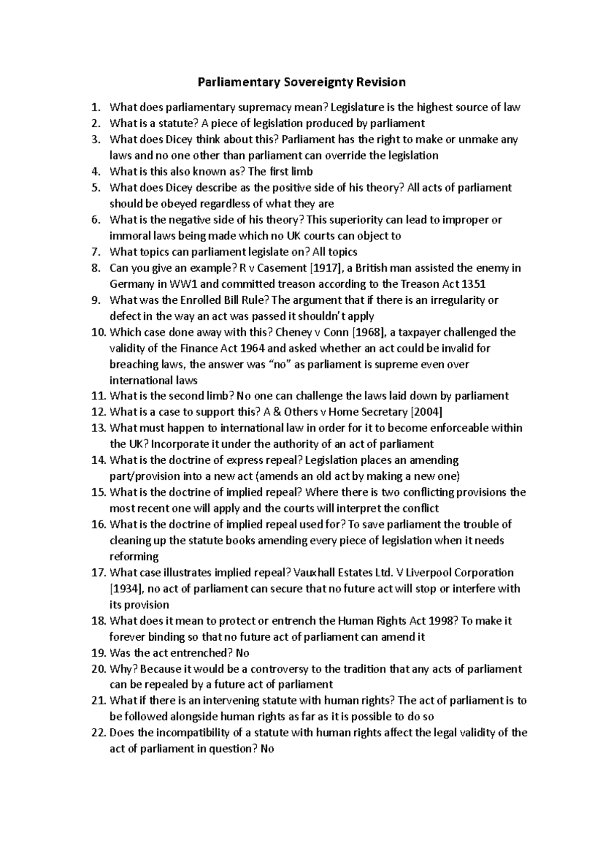 Revision - Parliamentary Sovereignty And EU - Parliamentary Sovereignty ...