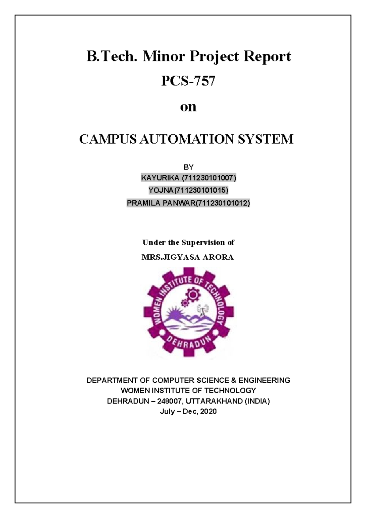 major/minor project report - B. Minor Project Report PCS- on CAMPUS ...