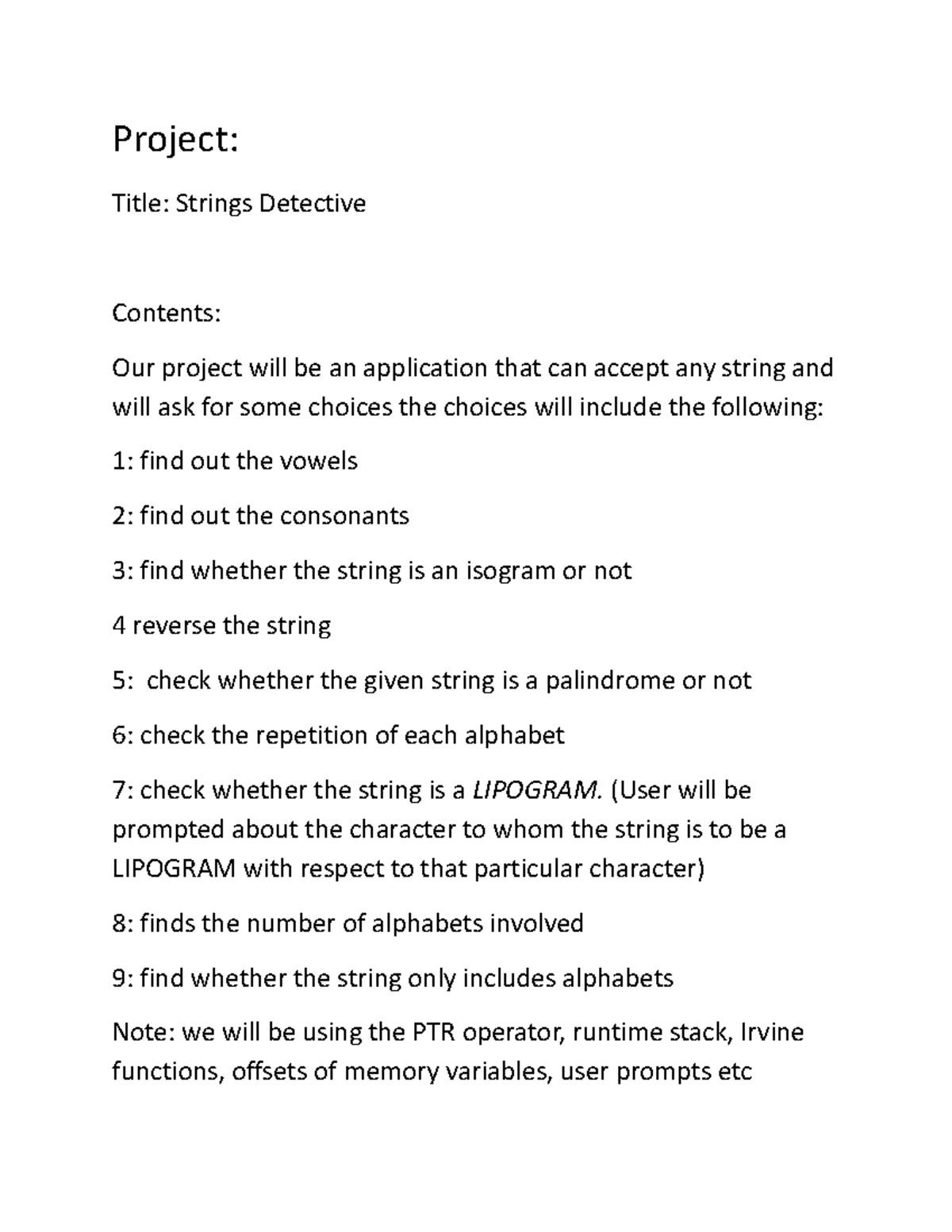Project proposal coal - Project: Title: Strings Detective Contents: Our ...