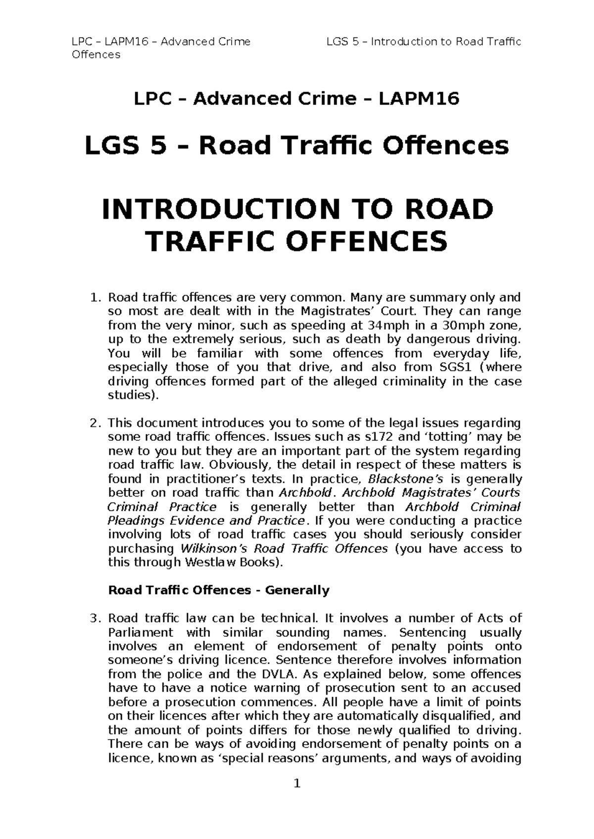 LGS 7 - Road Traffic Offences - Introduction to Road Traffic Offences ...