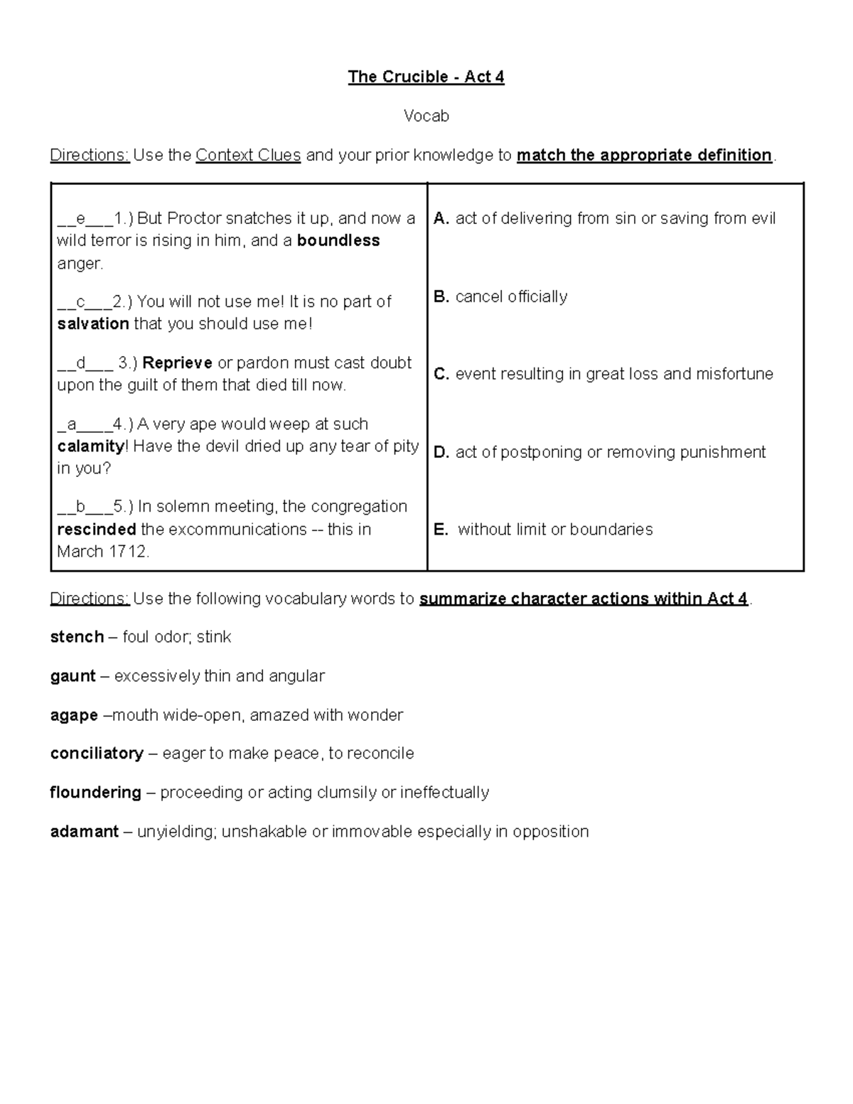 The Crucible Act 4 Vocab Questions The Crucible Act 4 Vocab