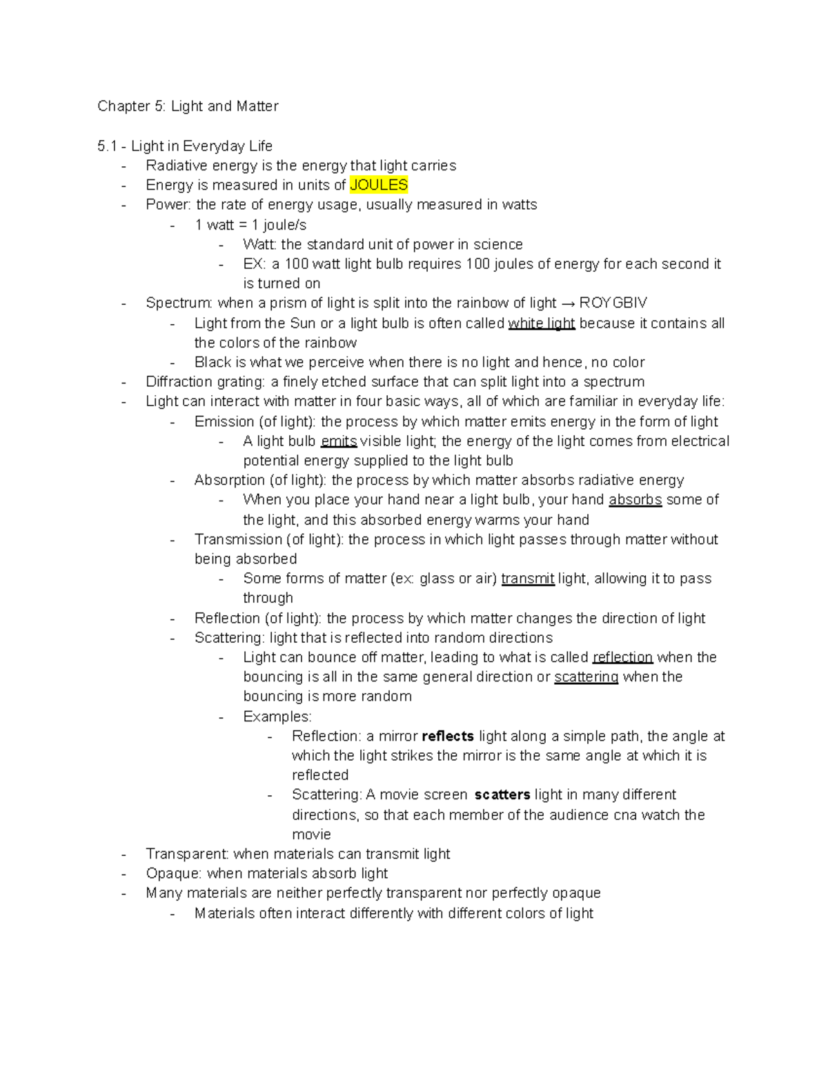 Chapter 5 Notes - Chapter 5: Light and Matter 5 - Light in Everyday ...