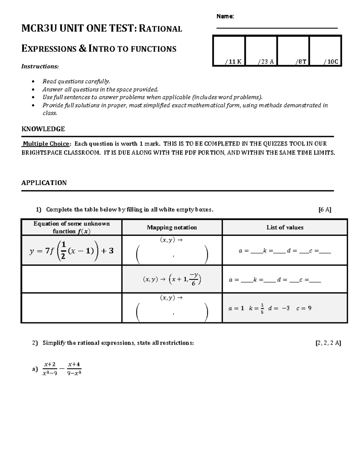 Unit One Test 1 MCR3U Quad 1 - Name ...