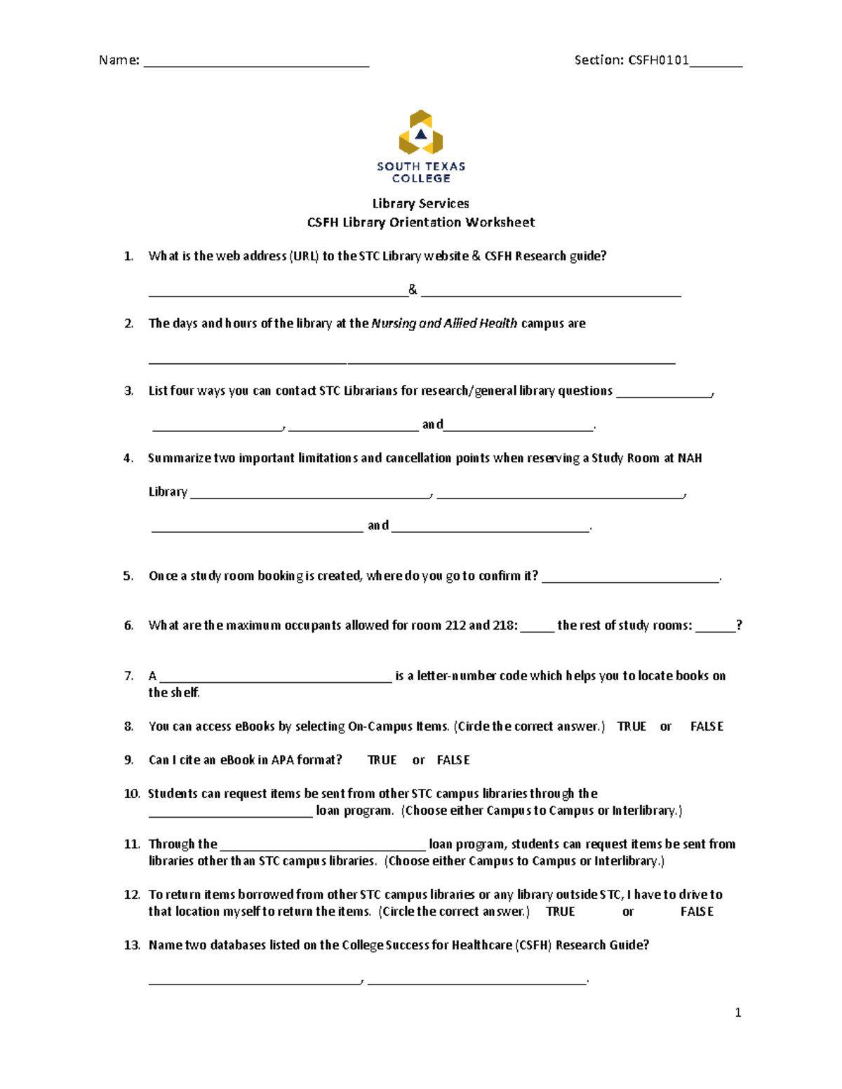 CSFH Library Orientation Worksheet - Name ...