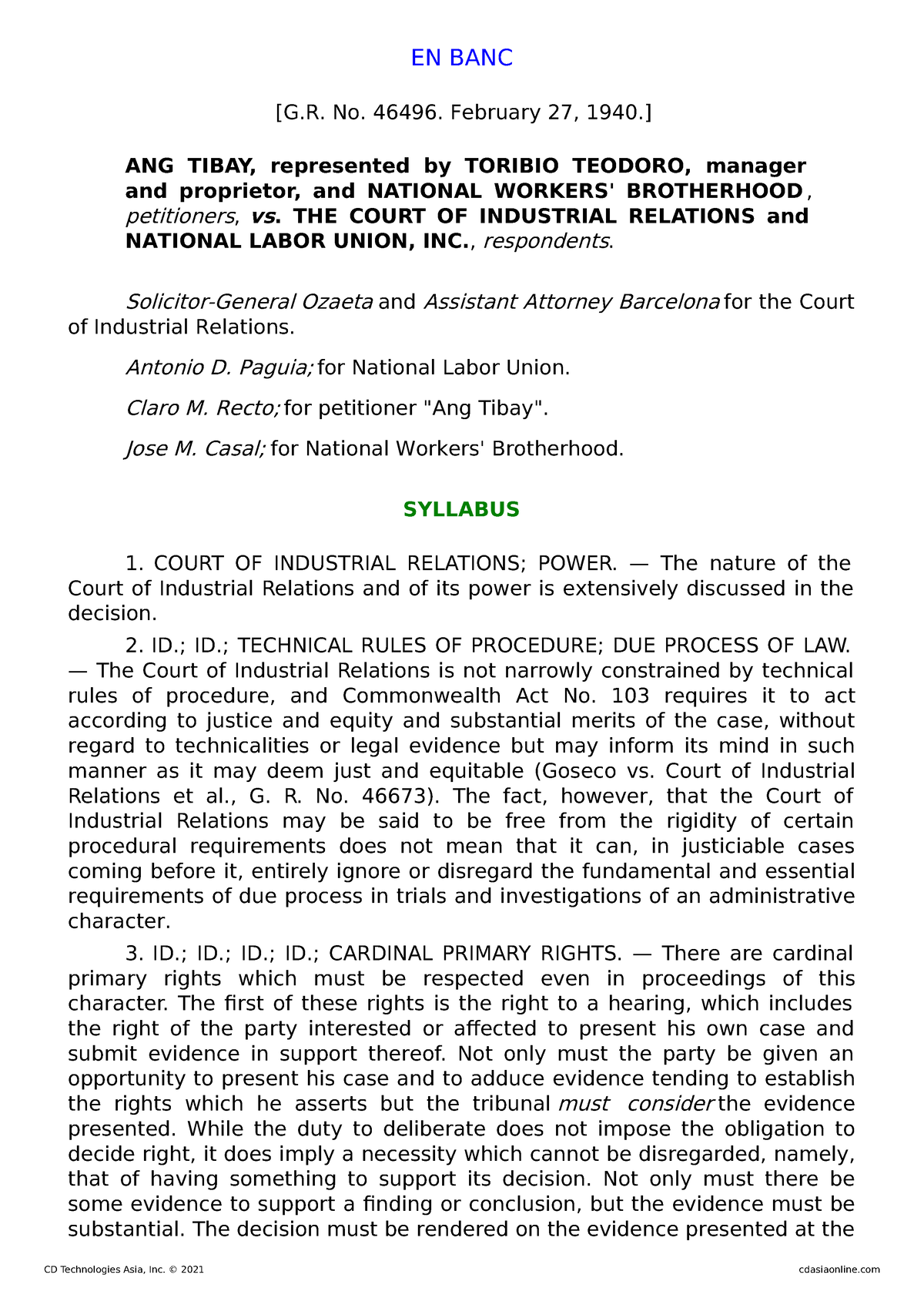 Copy Of 8. Ang Tibay Vs. Court Of Industrial Relations - EN BANC [G. No ...