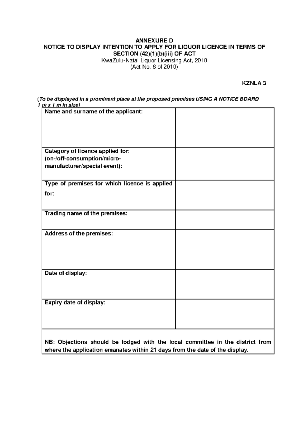 Kznla 3 Notice TO Display Intention TO Apply - ANNEXURE D NOTICE TO ...