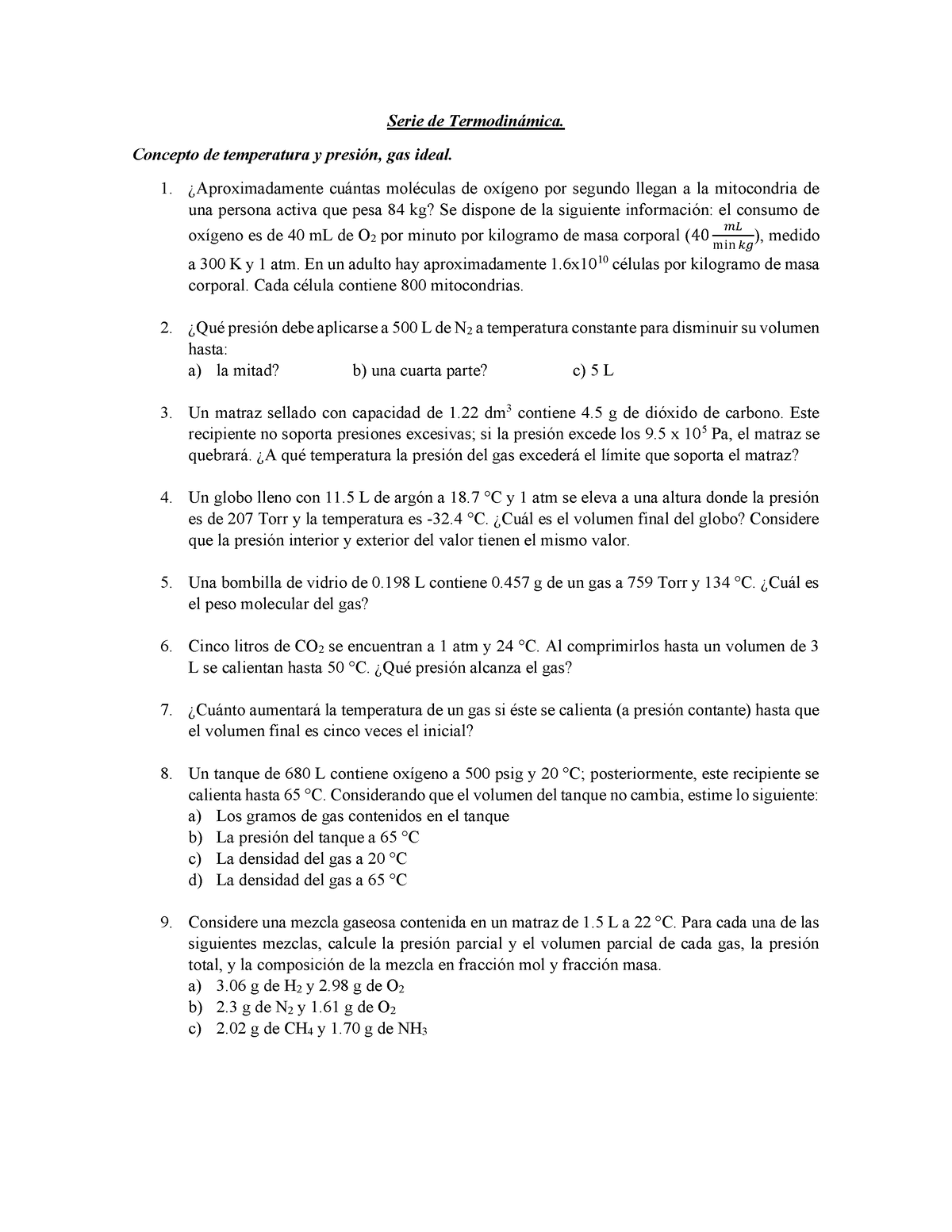 Serie 1 - Serie De Termodinámica. Concepto De Temperatura Y Presión ...