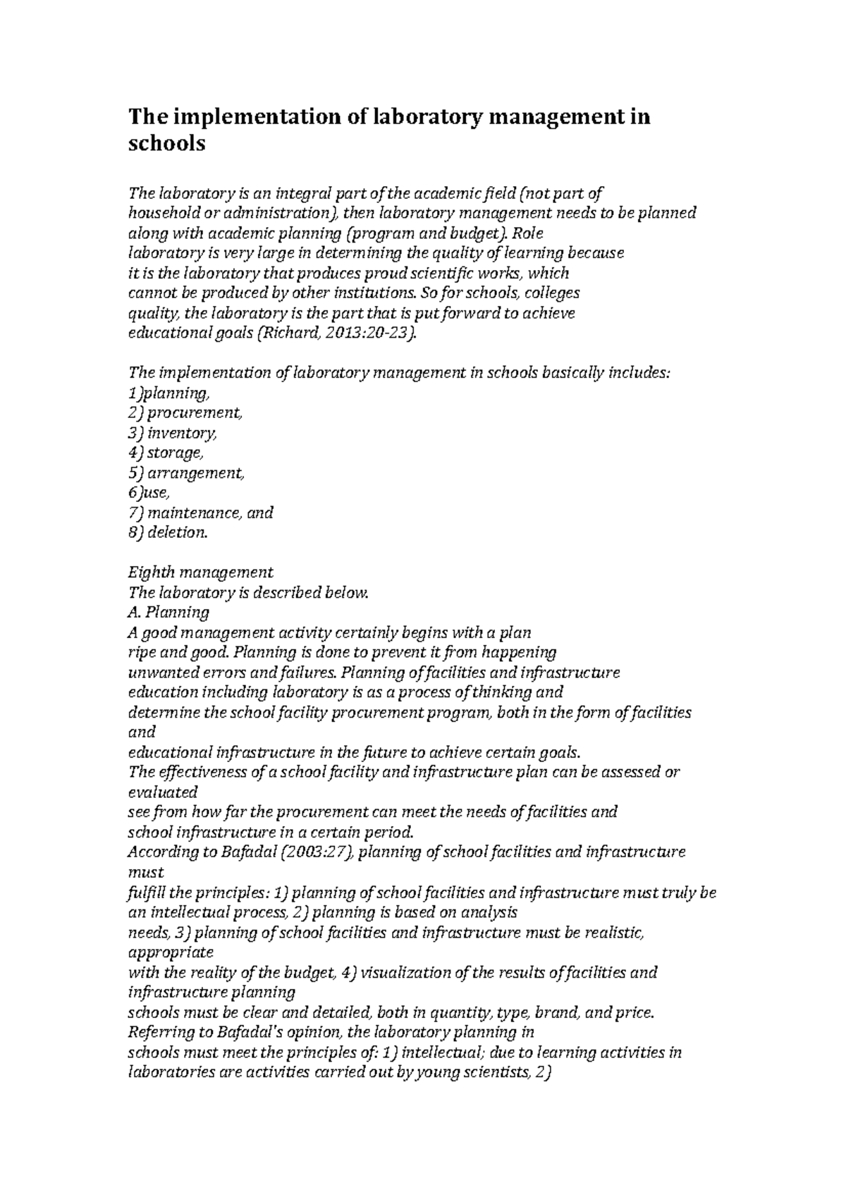 The implementation of laboratory management in schools The