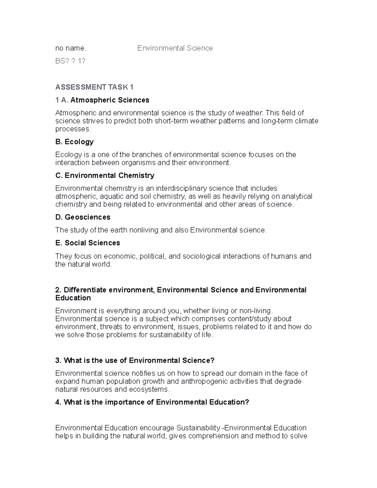 Environmental science Module 1 1 no name. Environmental Science BS?? 1? ASSESSMENT TASK 1 1 A