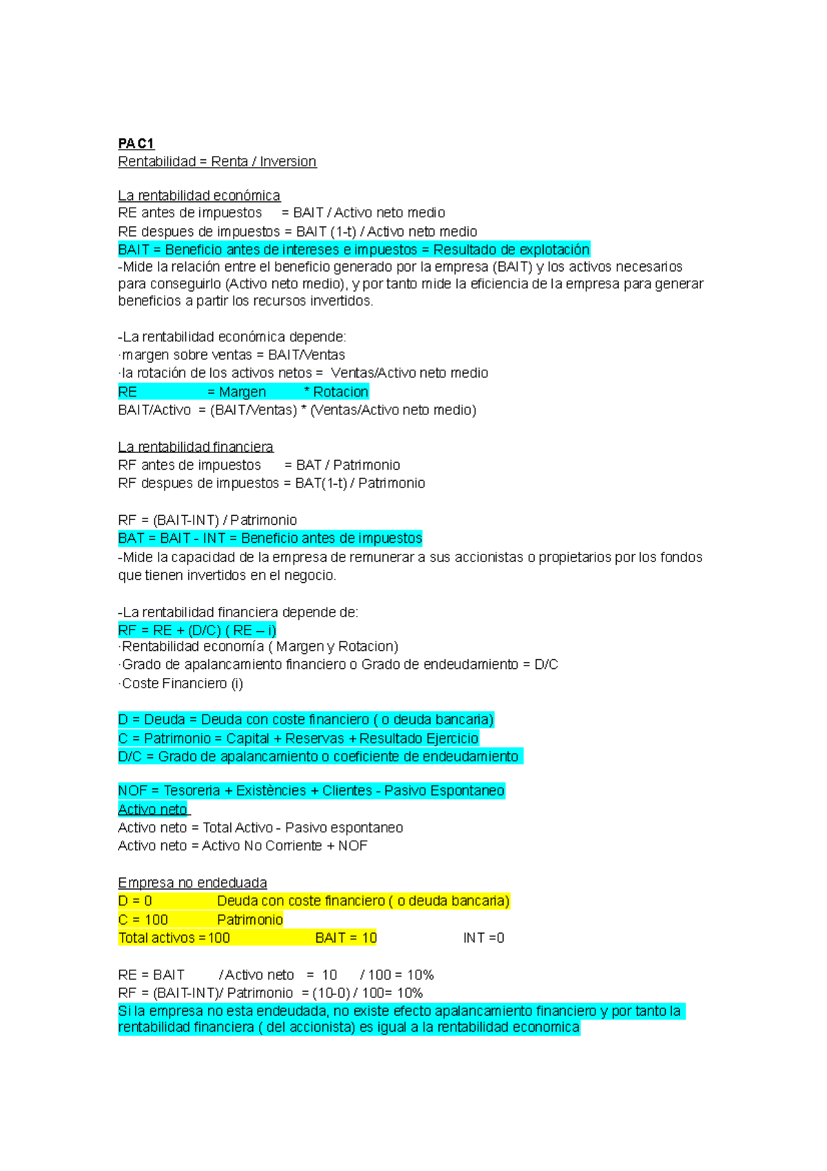 Resumen Inv Emp - PAC Rentabilidad = Renta / Inversion La rentabilidad ...