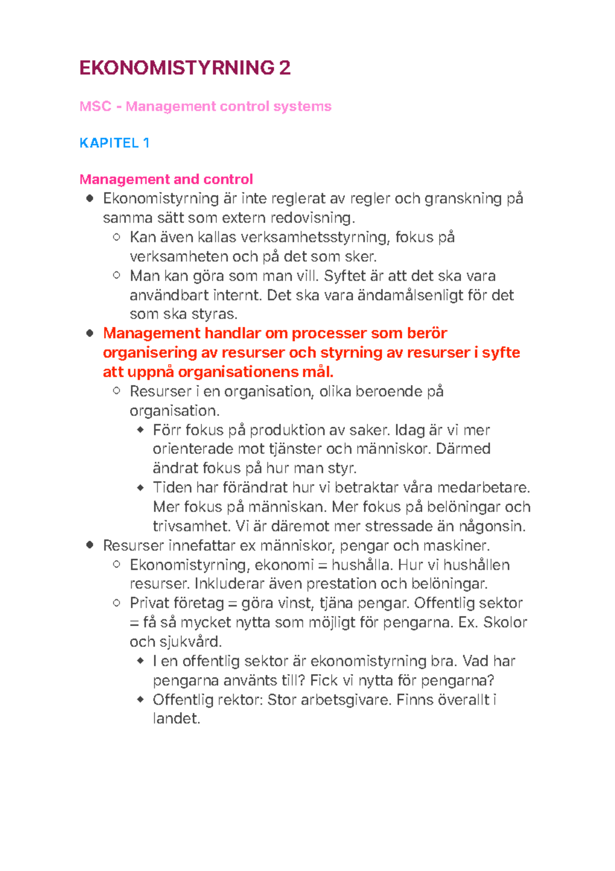 Ekonomistyrning 2 - EKONOMISTYRNING 2 MSC - Management Control Systems ...