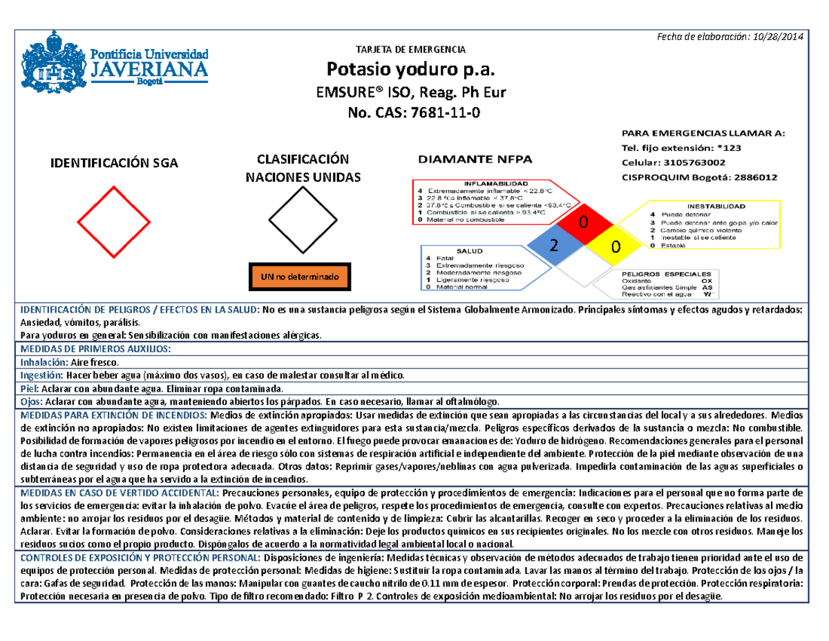 Potasio yoduro p.a. Merck - TARJETA DE EMERGENCIA Potasio yoduro p