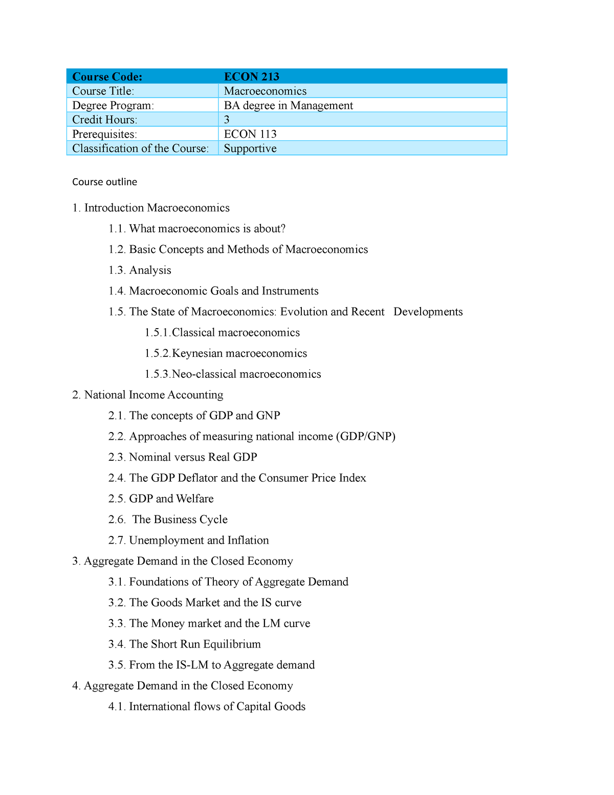 Course Outine For Macro Economics - Course Outline Introduction ...