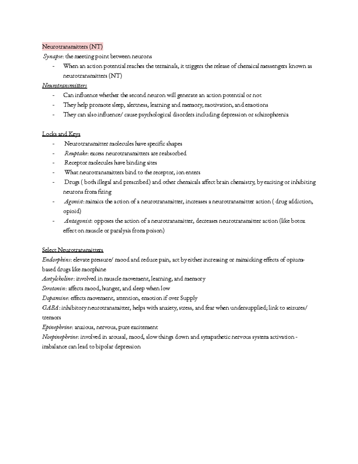 Neurotransmitters Notes - Neurotransmitters (NT) Synapse: the meeting ...