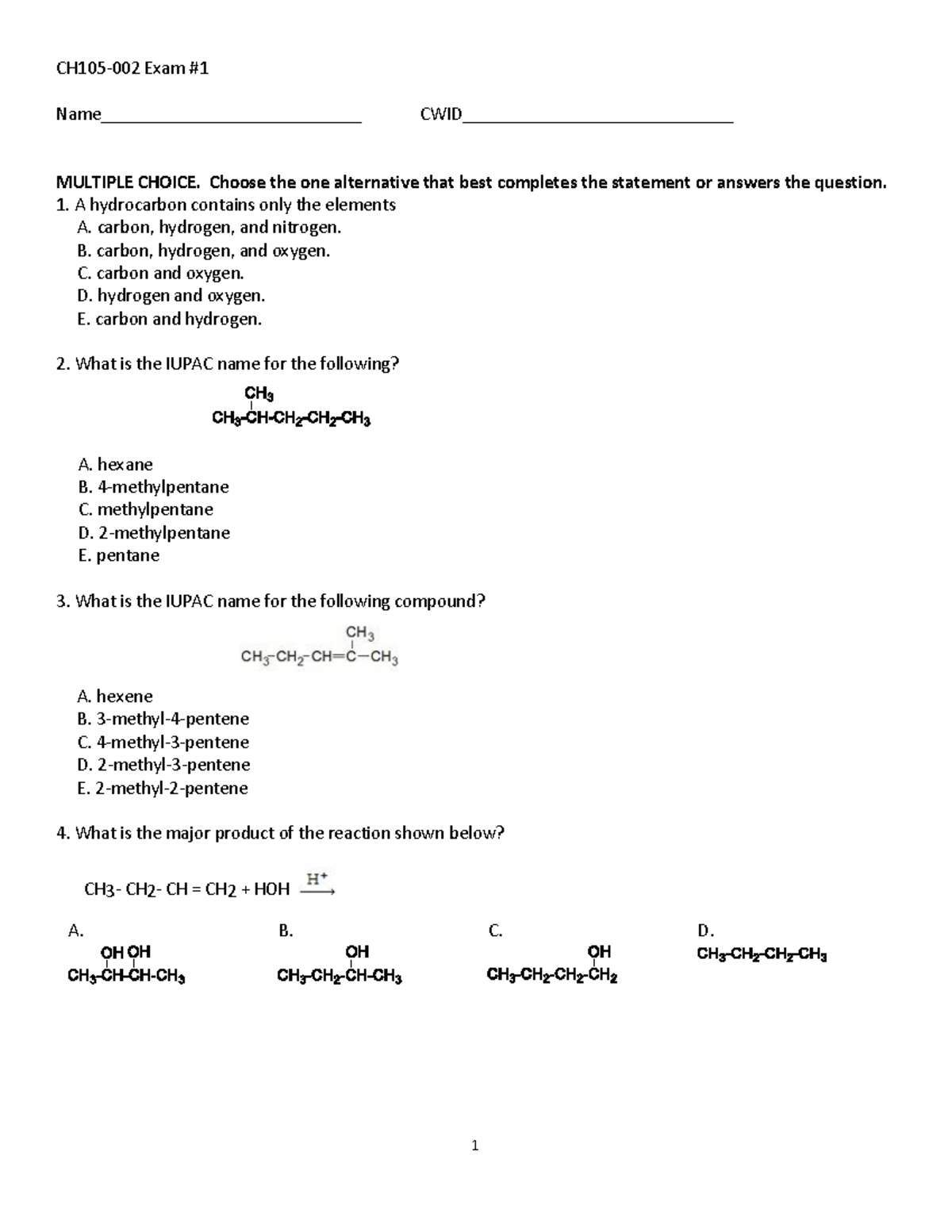 Exam 1-old - Full Exam For The First Chapter 12 Of O-chem Used For ...