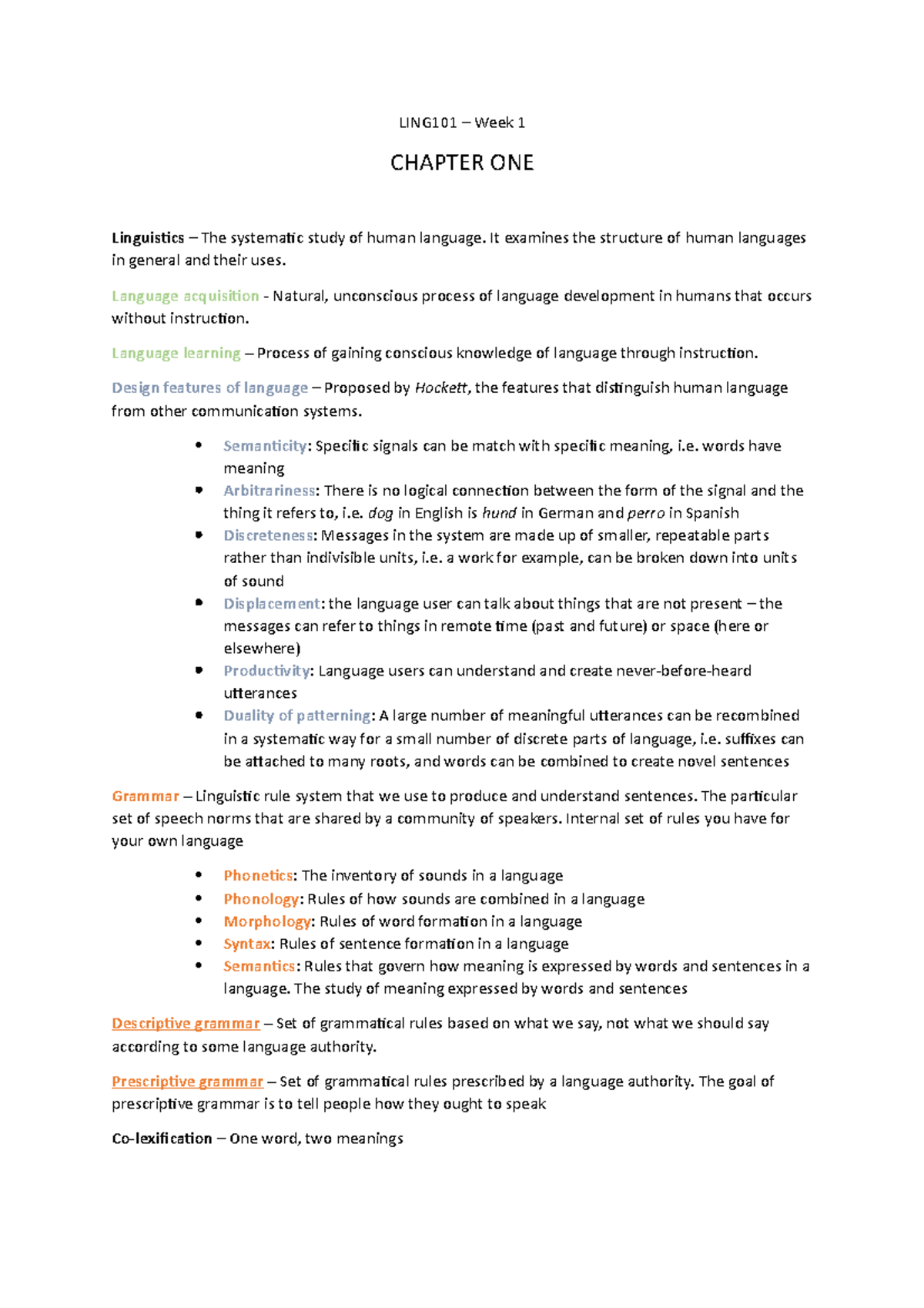 LING101 Chapter one - LING101 – Week 1 CHAPTER ONE Linguistics – The ...
