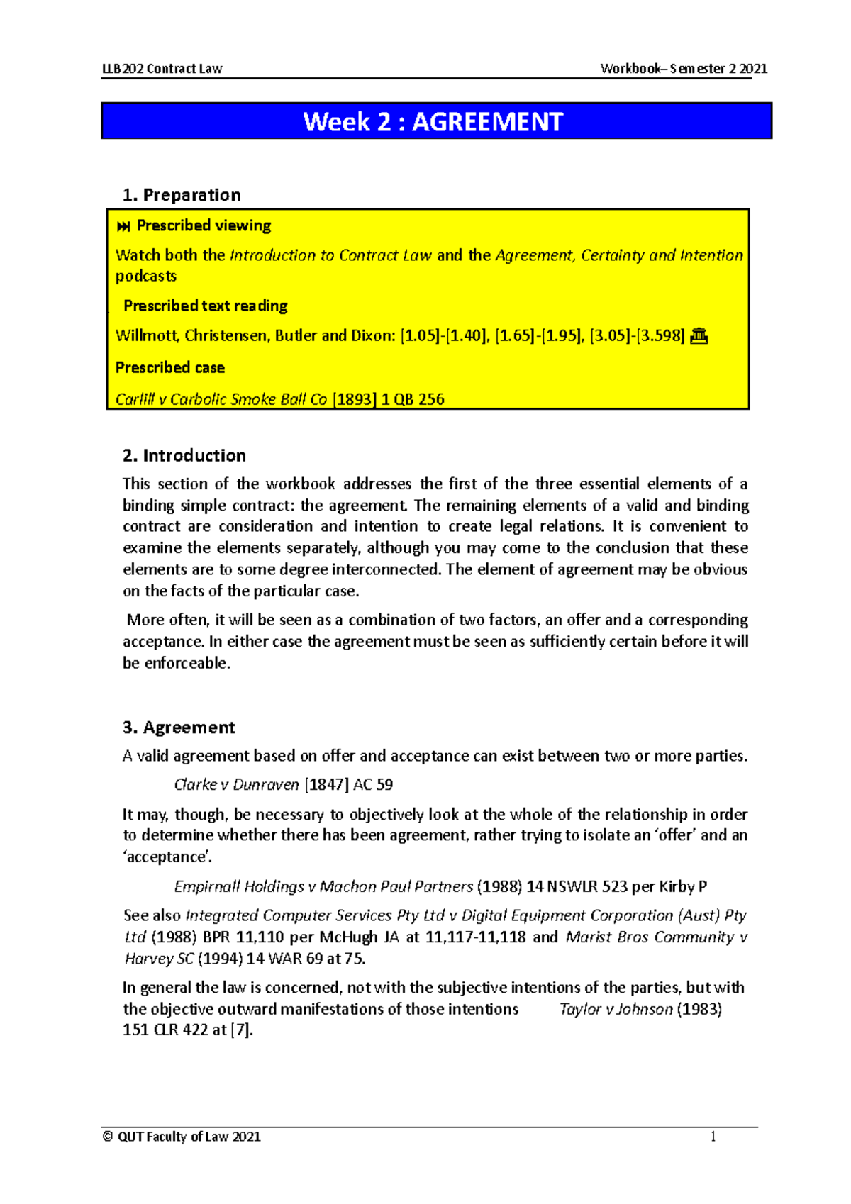 Contract Law - Course Summary - Week 2 : AGREEMENT 1. Preparation ...