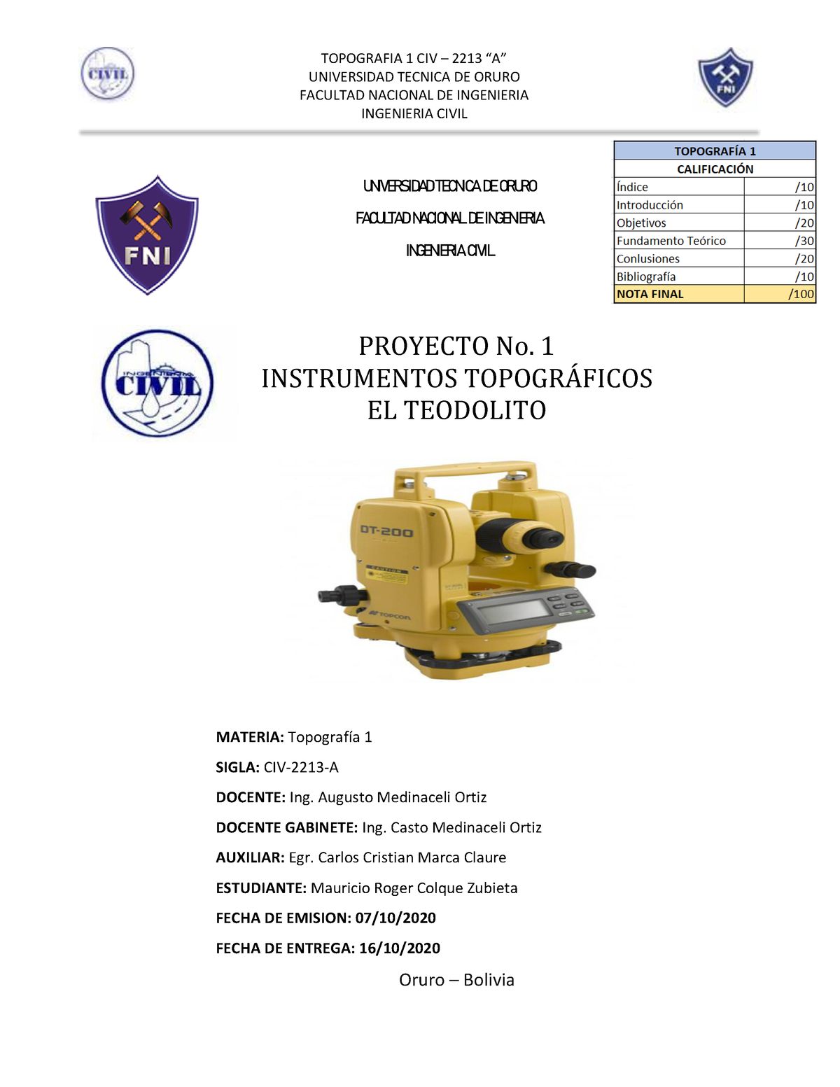 Mauricio Colque Zubieta CIV2213 A Teodolito - UNIVERSIDAD TECNICA DE ...