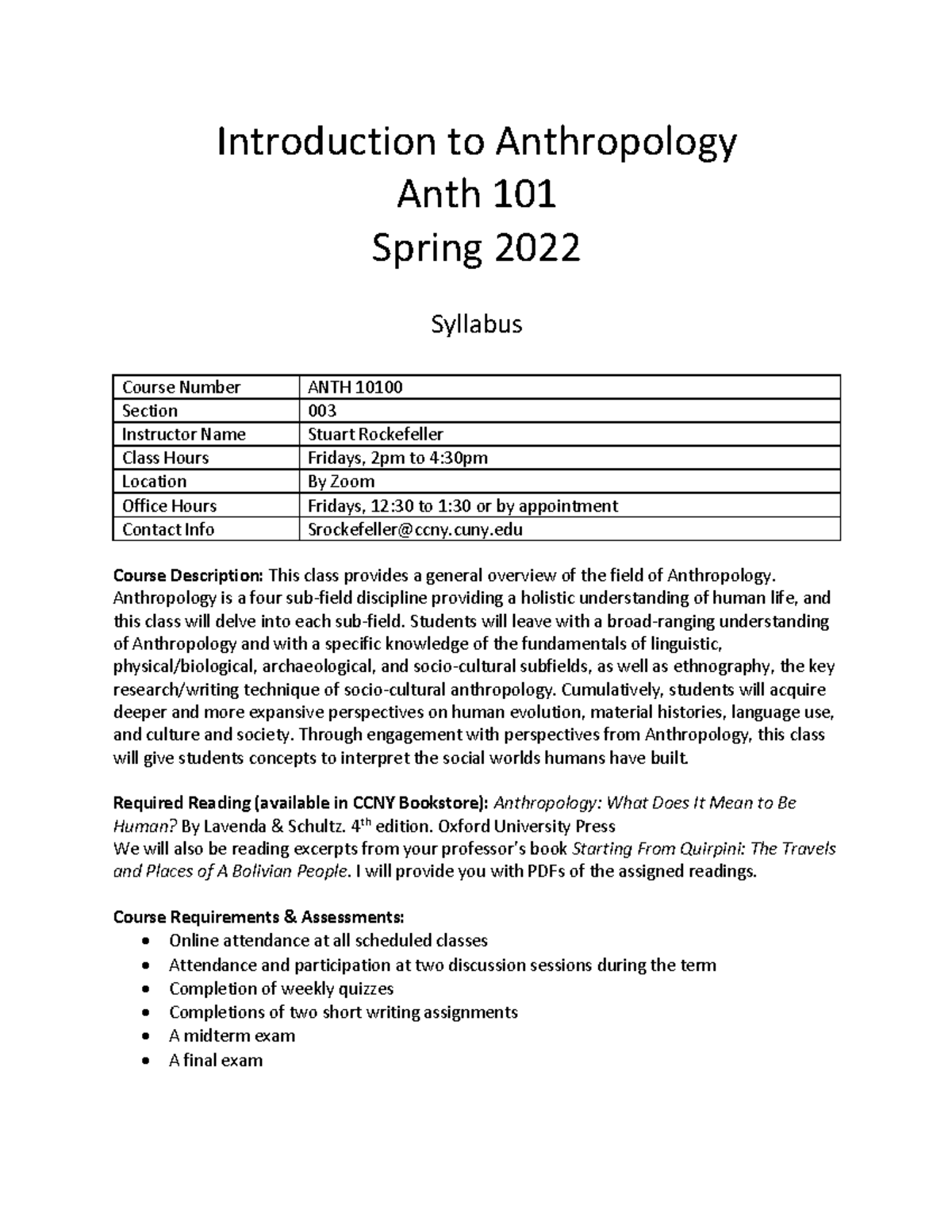 Intro 101 S22 Syllabus - Lecture Notes 1 - Introduction To Anthropology ...