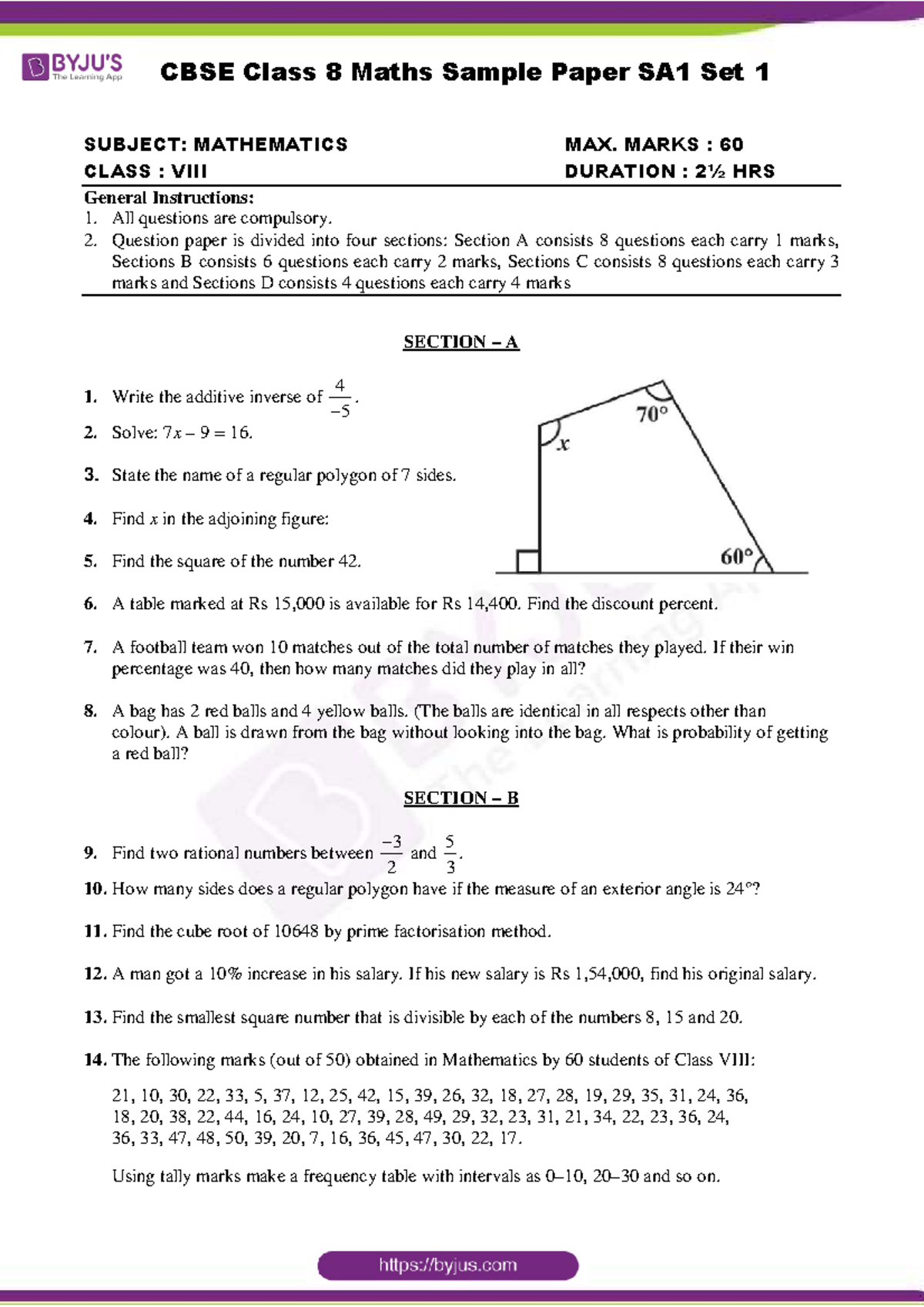 Cbse Class 8 Maths Sample Paper Sa1 Set 1 Subject Mathematics Class