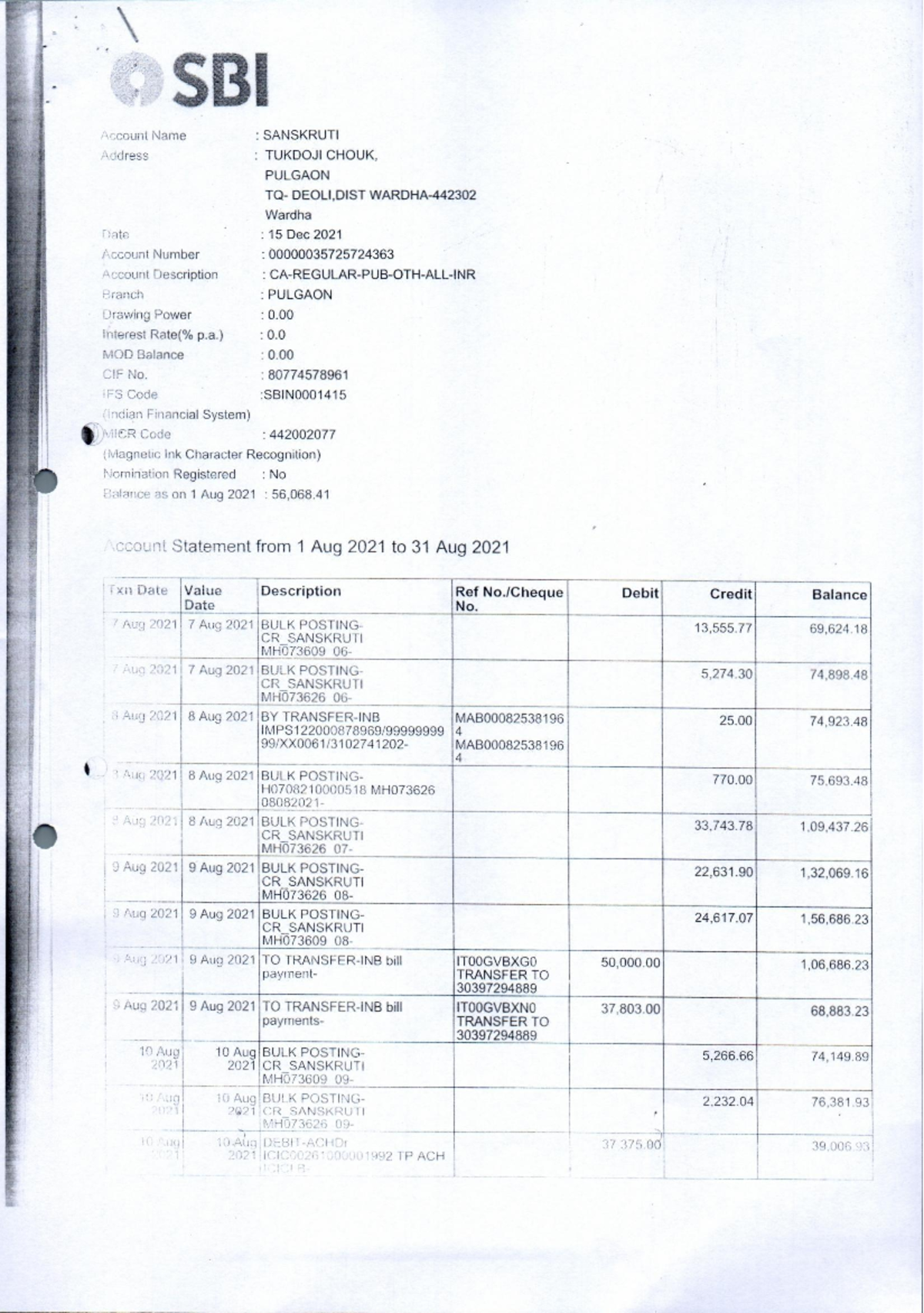 bank statement sbi