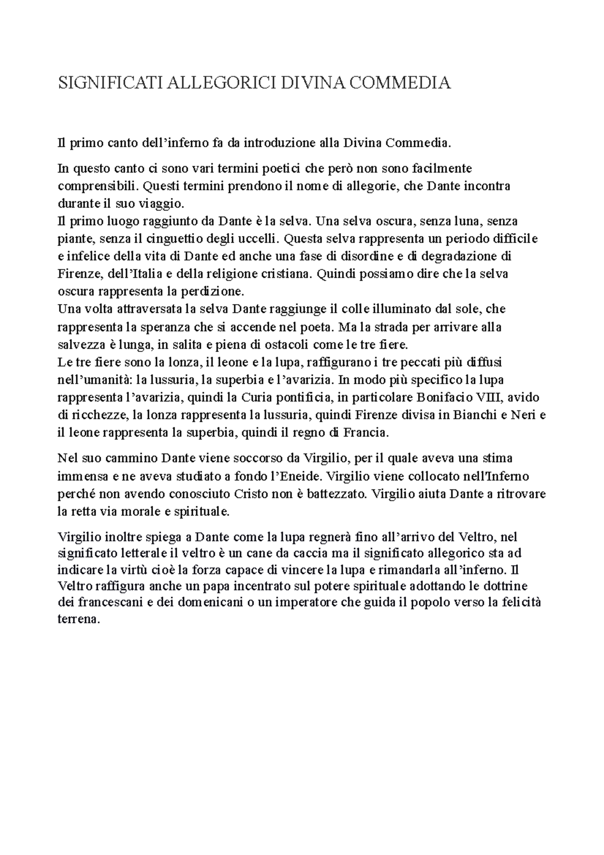 Significati Allegorici Divina Commedia SIGNIFICATI ALLEGORICI DIVINA