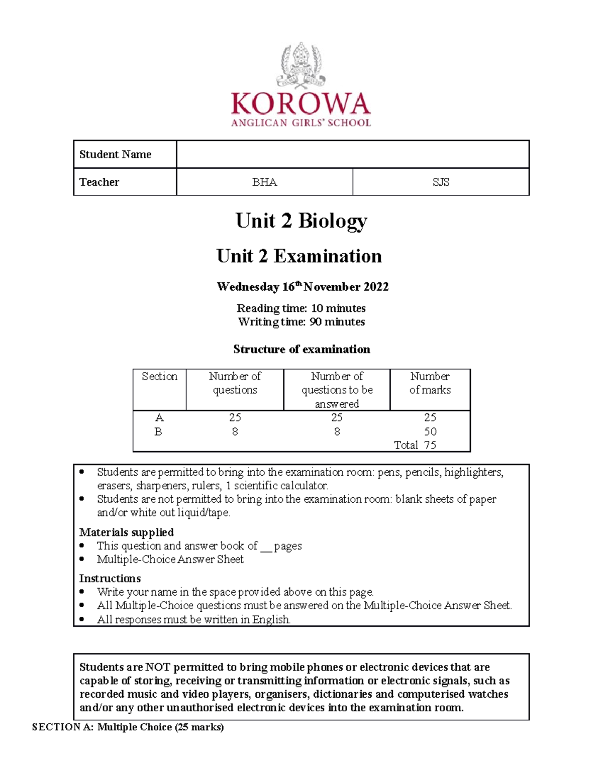 2022 Unit 2 Biology Exam Final BHN SJS - Student Name Teacher BHA SJS ...