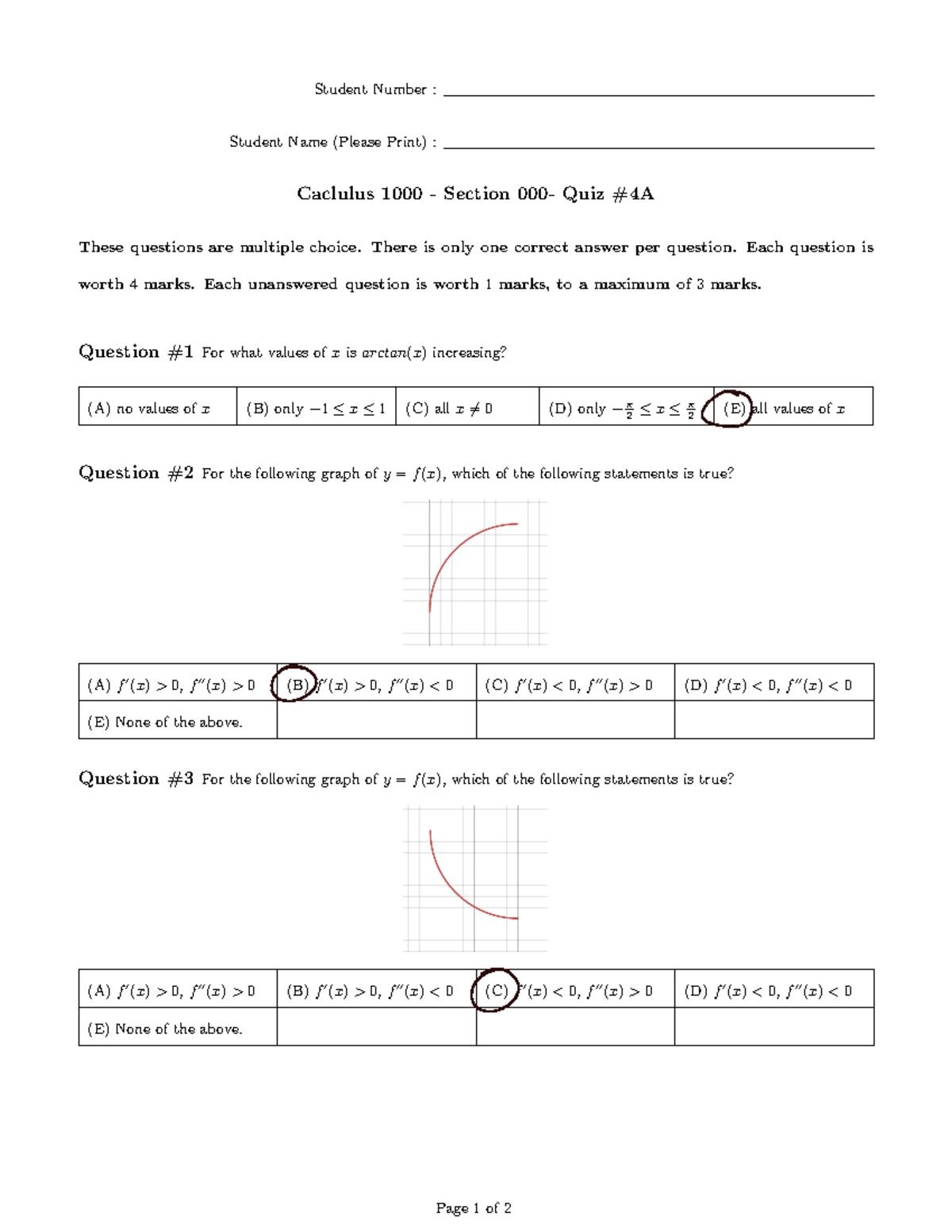 Calculus Quiz 4A - Student Number : Student Name (Please Print ...