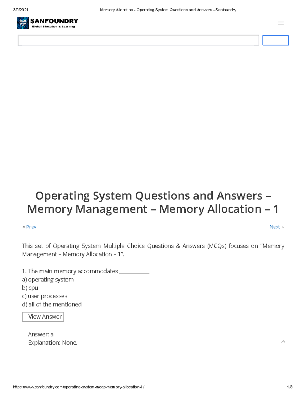 Memory Allocation - Operating System Questions and Answers - Sanfoundry ...